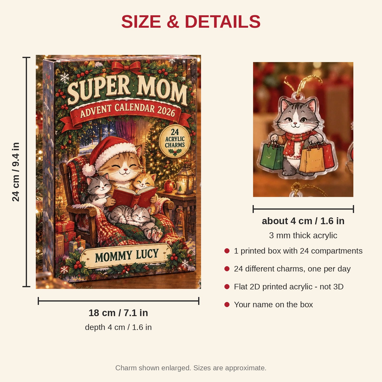 Personalized Mom Cat advent calendar box with 24 flat acrylic Christmas charms: box and charm sizes
