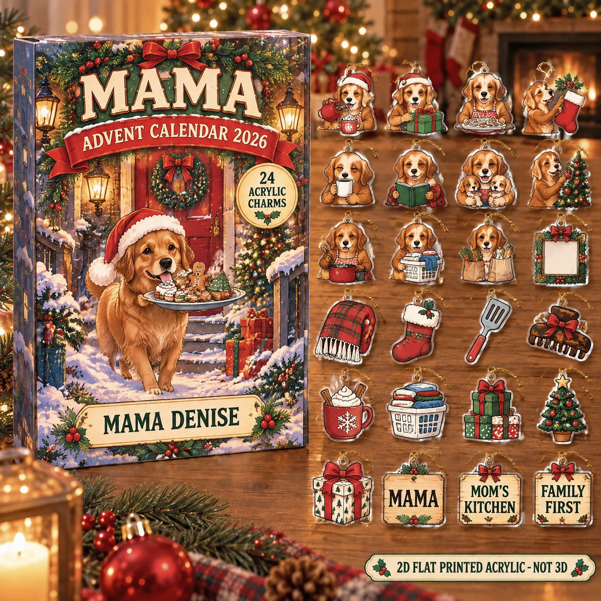 Personalized Mom Dog advent calendar box with 24 flat acrylic Christmas charms