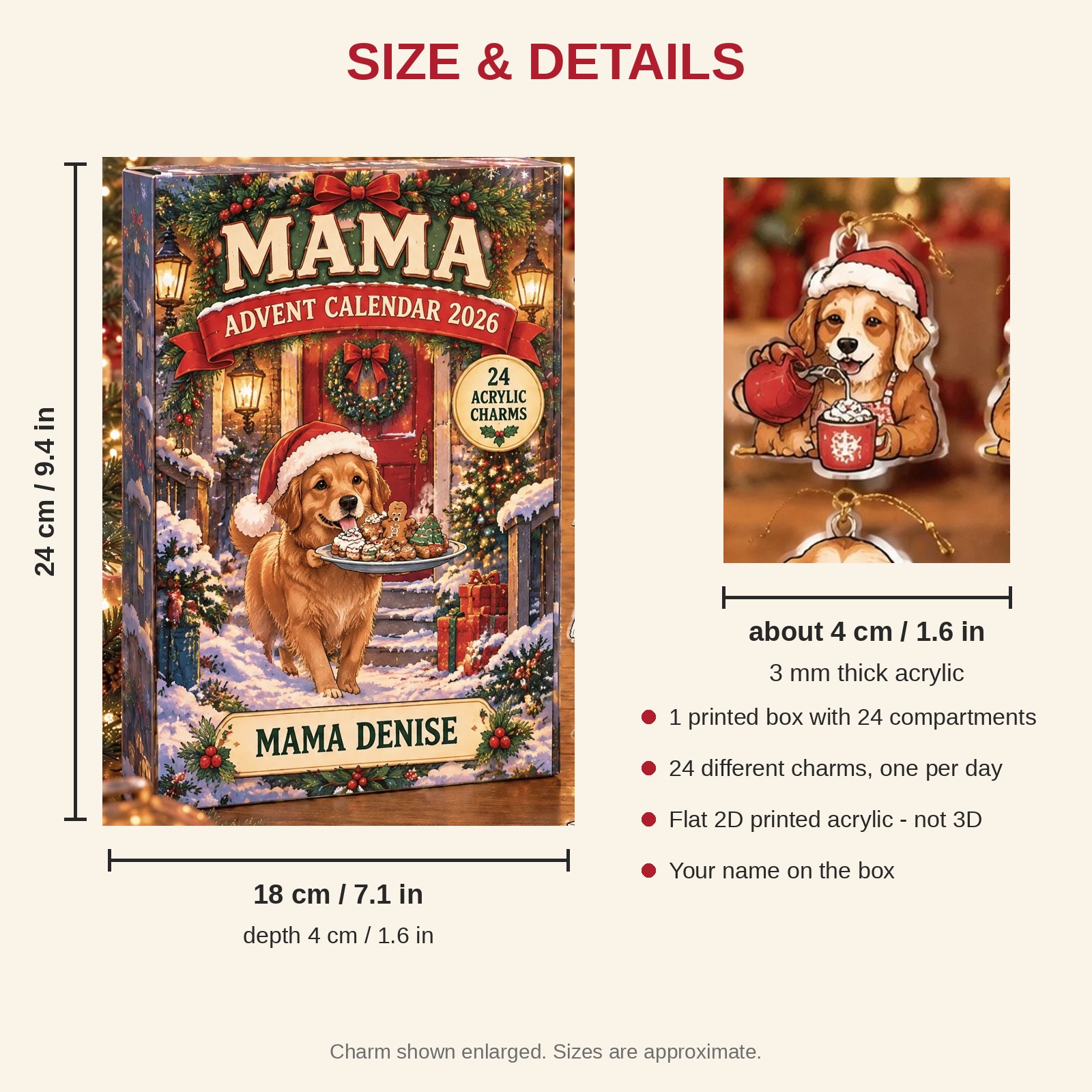 Personalized Mom Dog advent calendar box with 24 flat acrylic Christmas charms: box and charm sizes