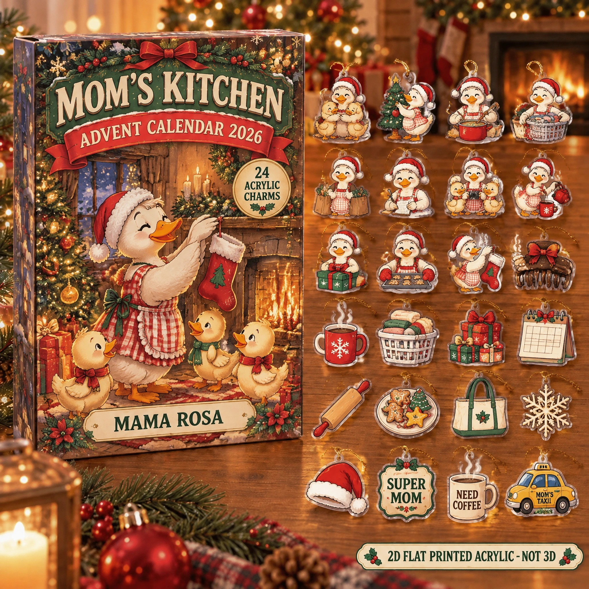 Personalized Mom Duck advent calendar box with 24 flat acrylic Christmas charms