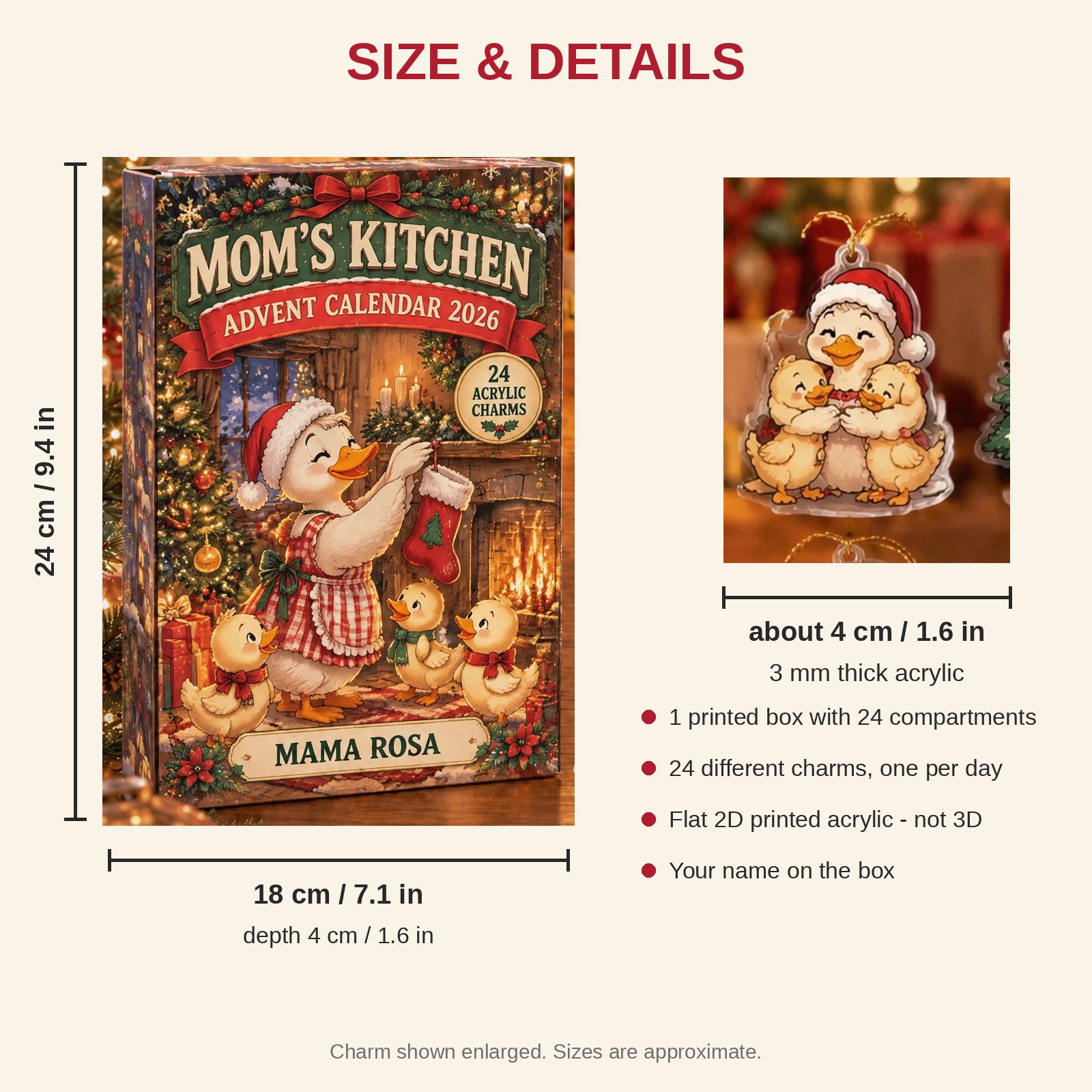 Personalized Mom Duck advent calendar box with 24 flat acrylic Christmas charms: box and charm sizes