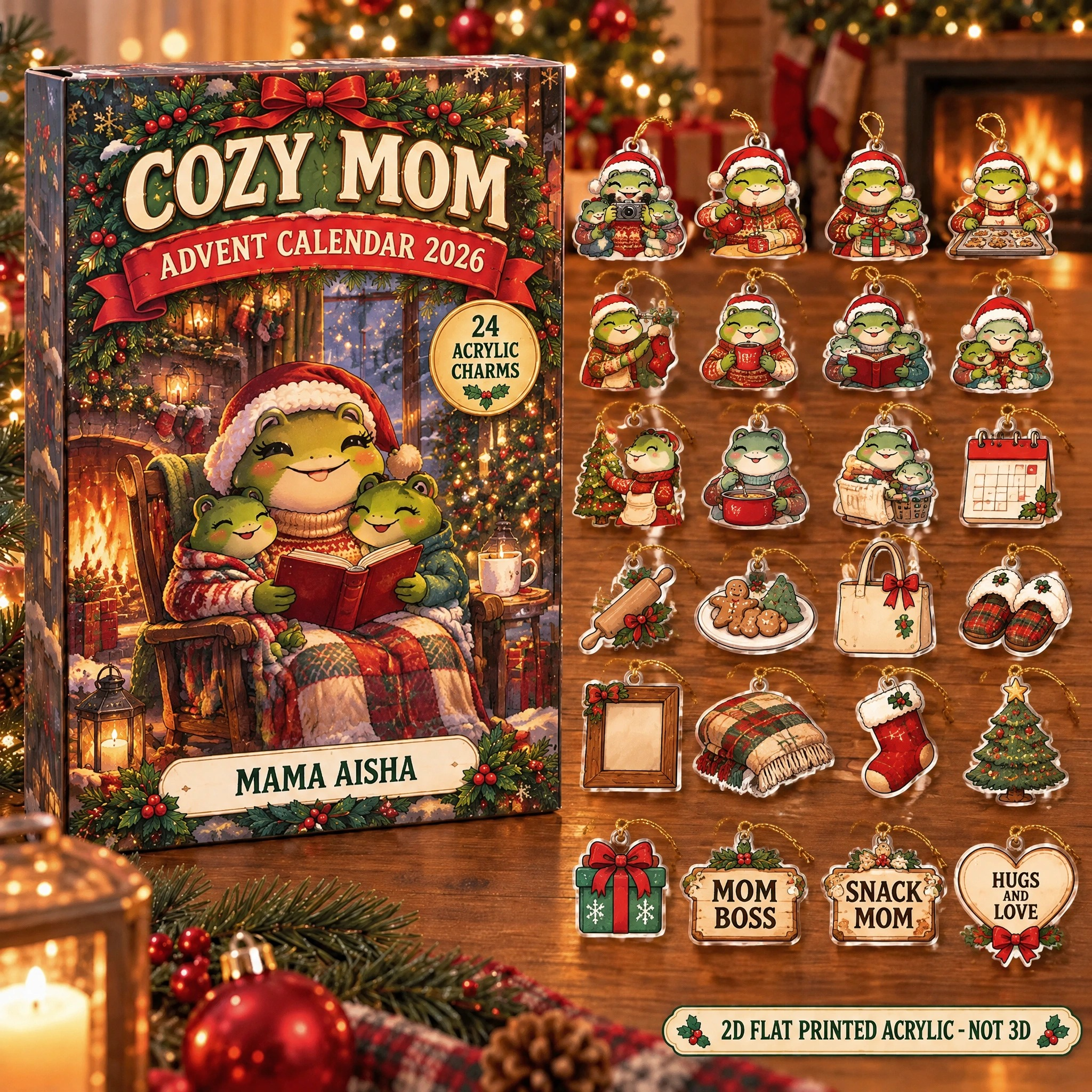 Personalized Mom Frog advent calendar box with 24 flat acrylic Christmas charms
