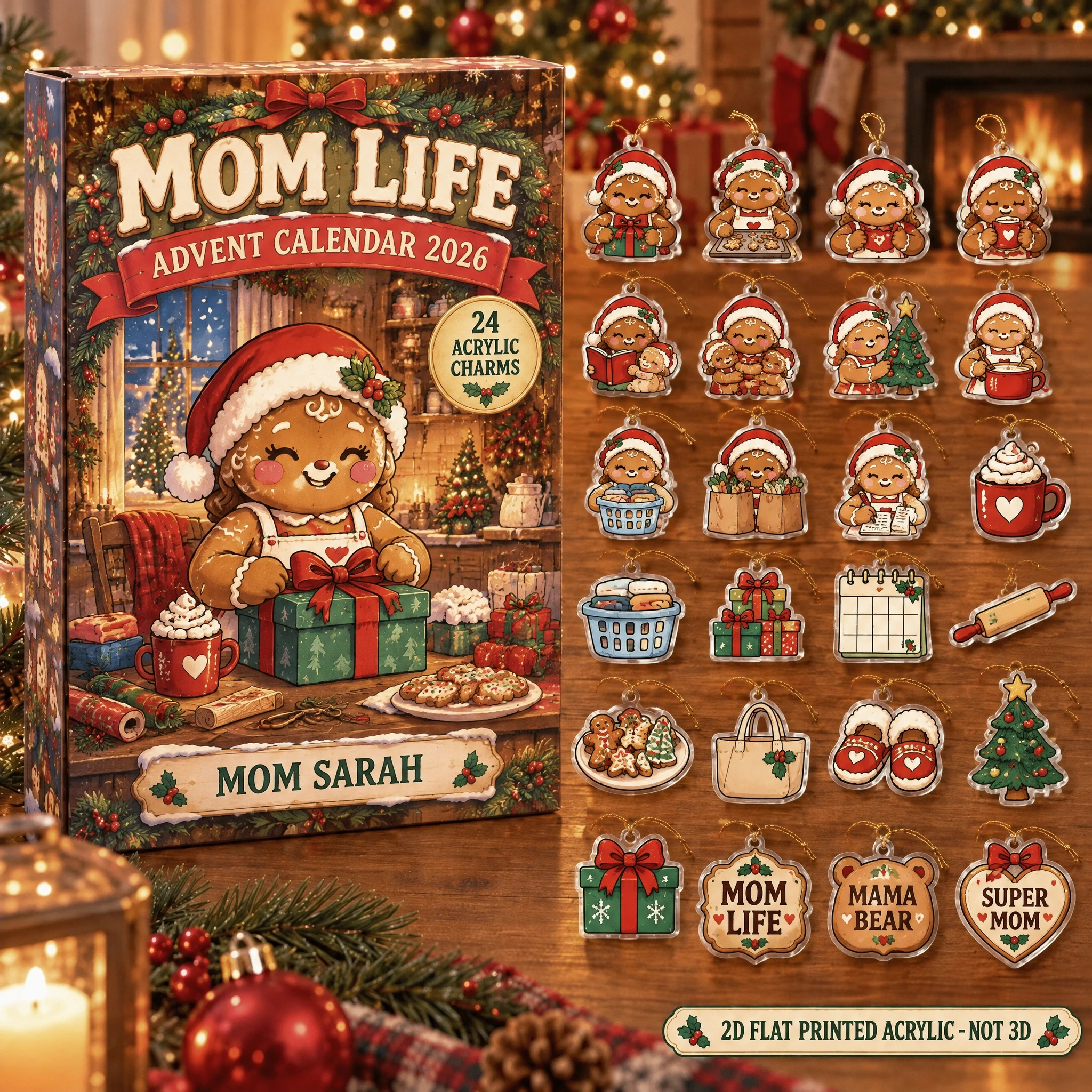 Personalized Mom Gingerbread advent calendar box with 24 flat acrylic Christmas charms