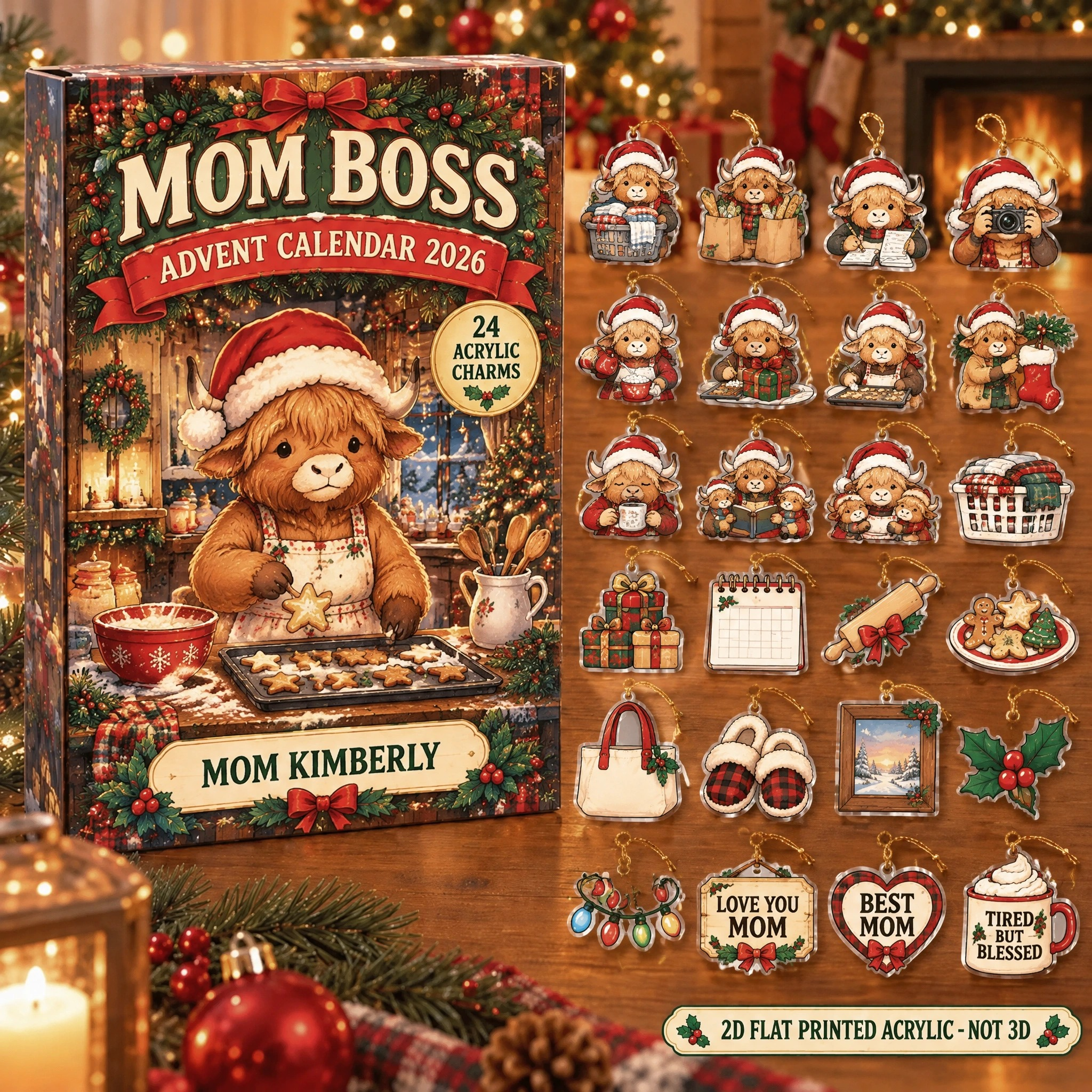 Personalized Mom Highland Cow advent calendar box with 24 flat acrylic Christmas charms