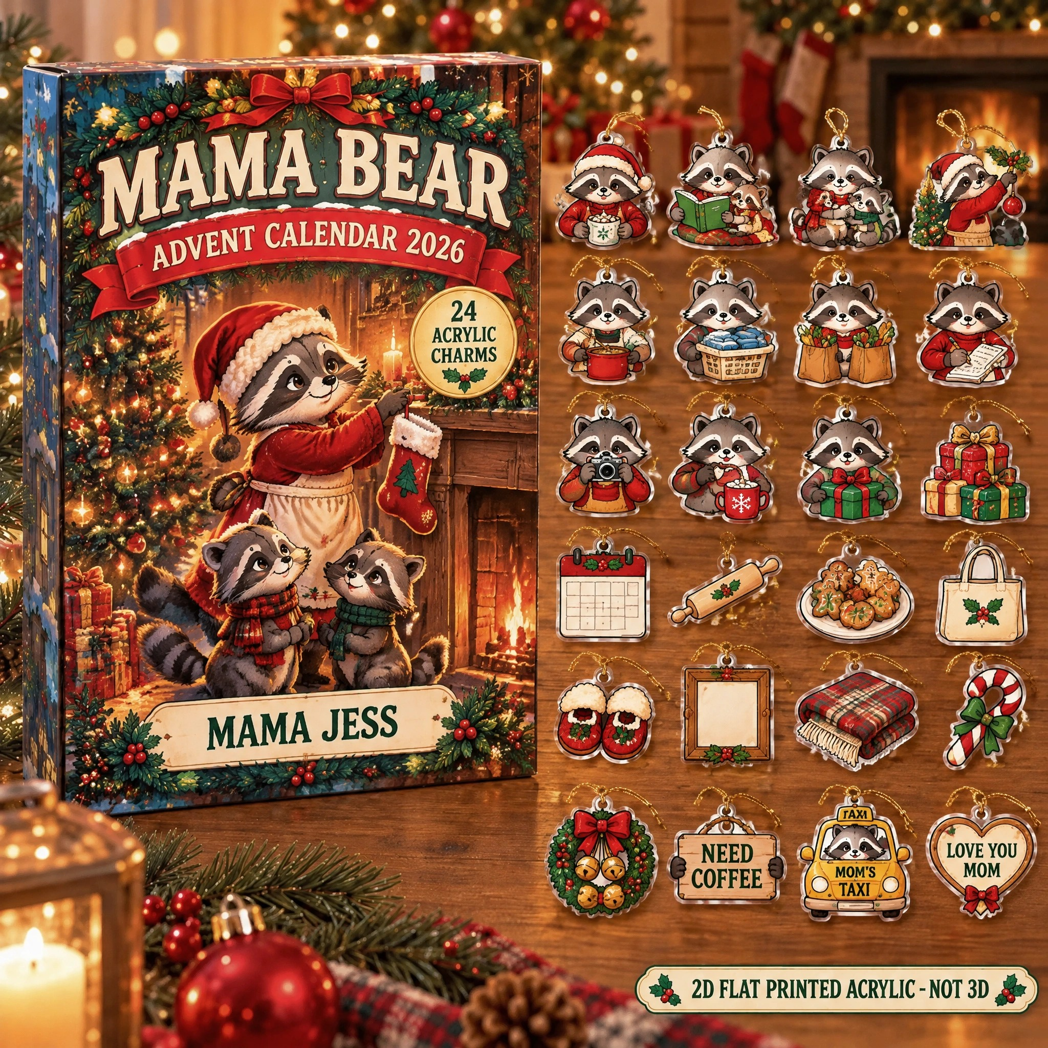 Personalized Mom Raccoon advent calendar box with 24 flat acrylic Christmas charms