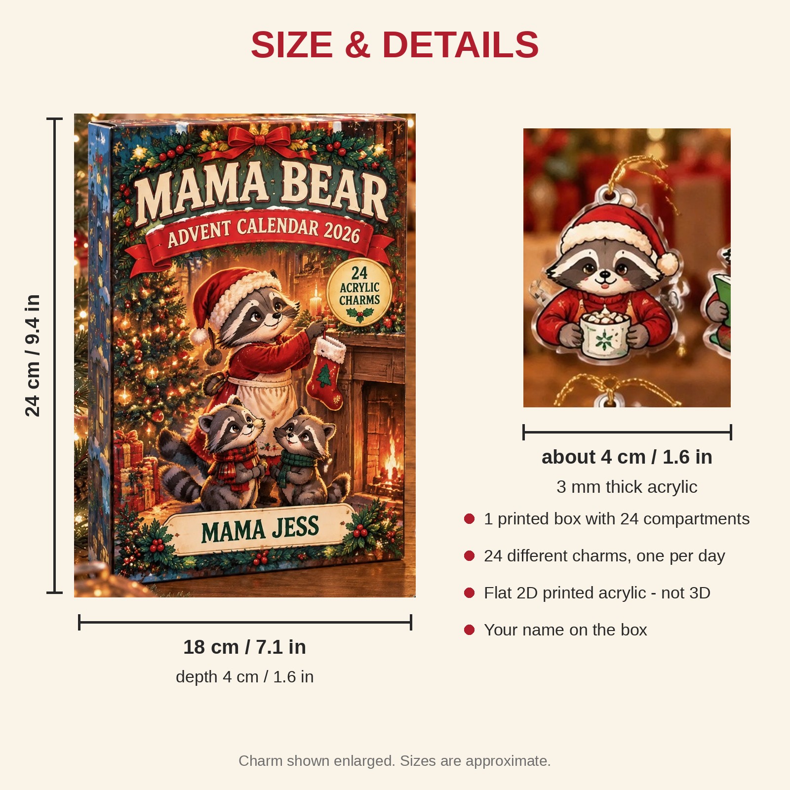 Personalized Mom Raccoon advent calendar box with 24 flat acrylic Christmas charms: box and charm sizes