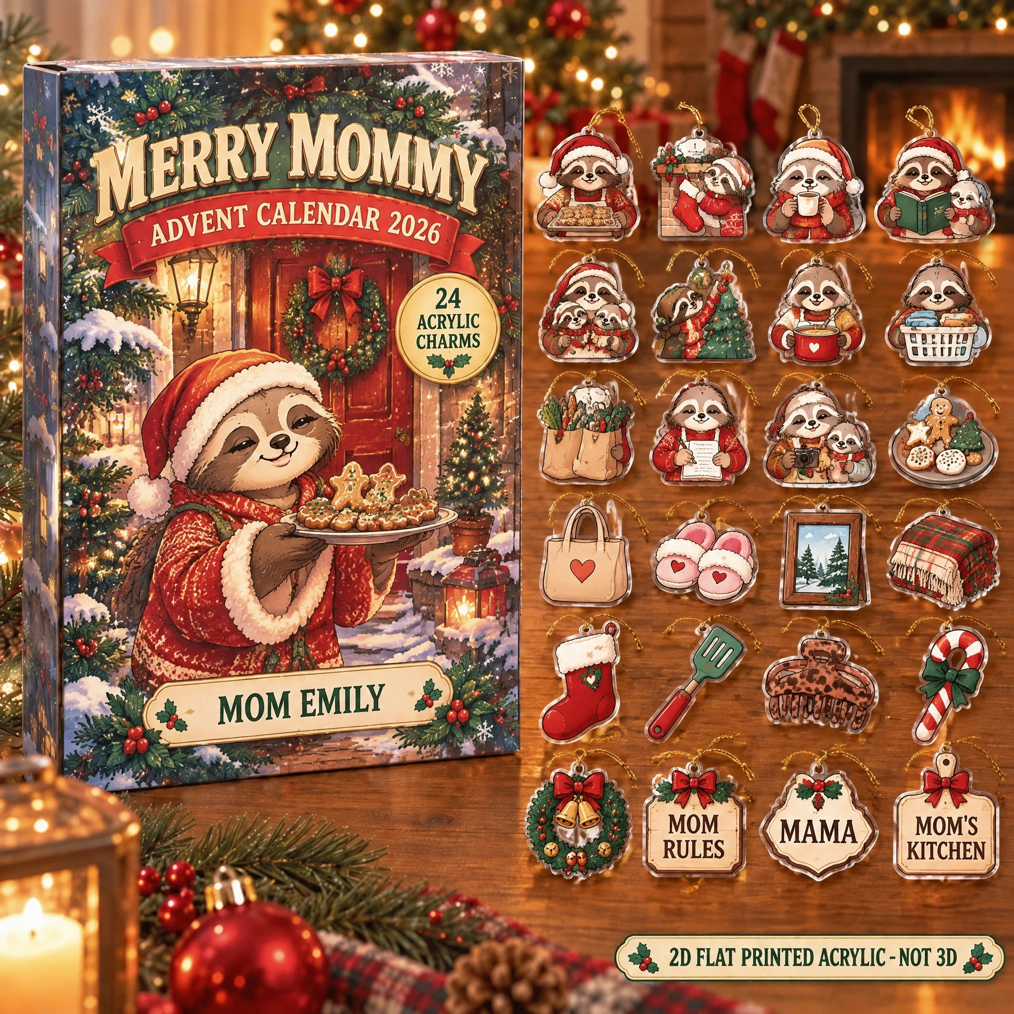 Personalized Mom Sloth advent calendar box with 24 flat acrylic Christmas charms