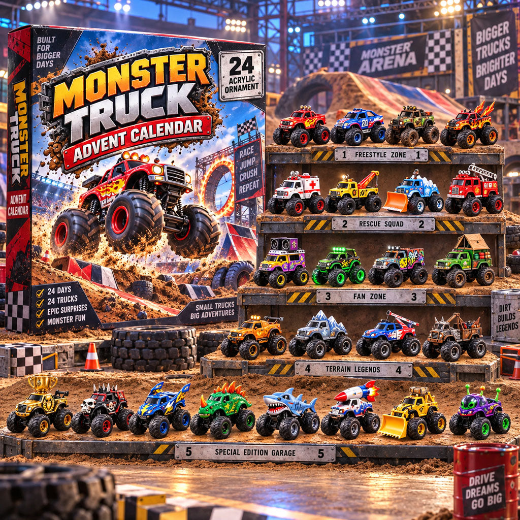 Monster Truck advent calendar box with 24 acrylic Christmas charms
