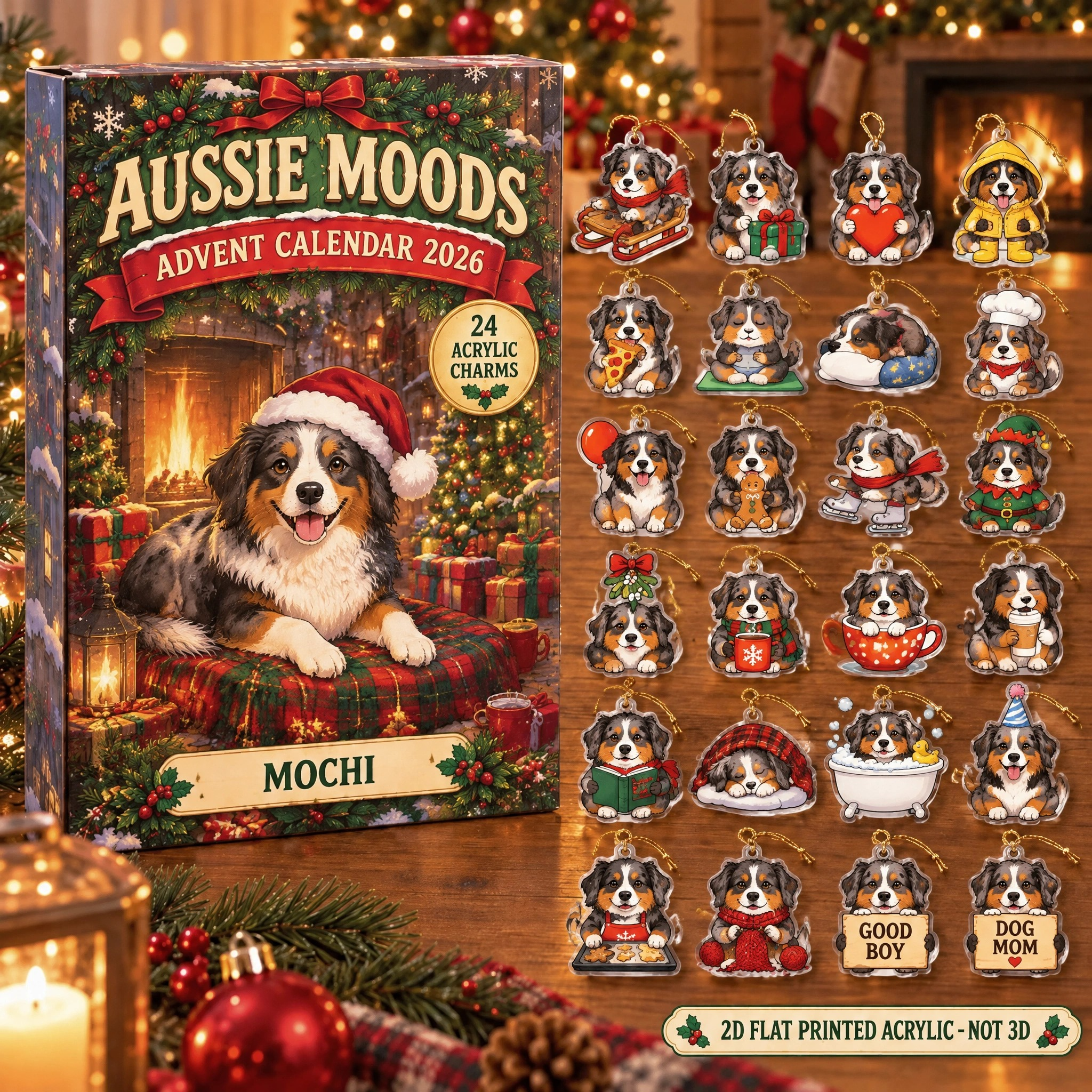 Personalized 24 Moods Australian Shepherd advent calendar box with 24 flat acrylic Christmas charms