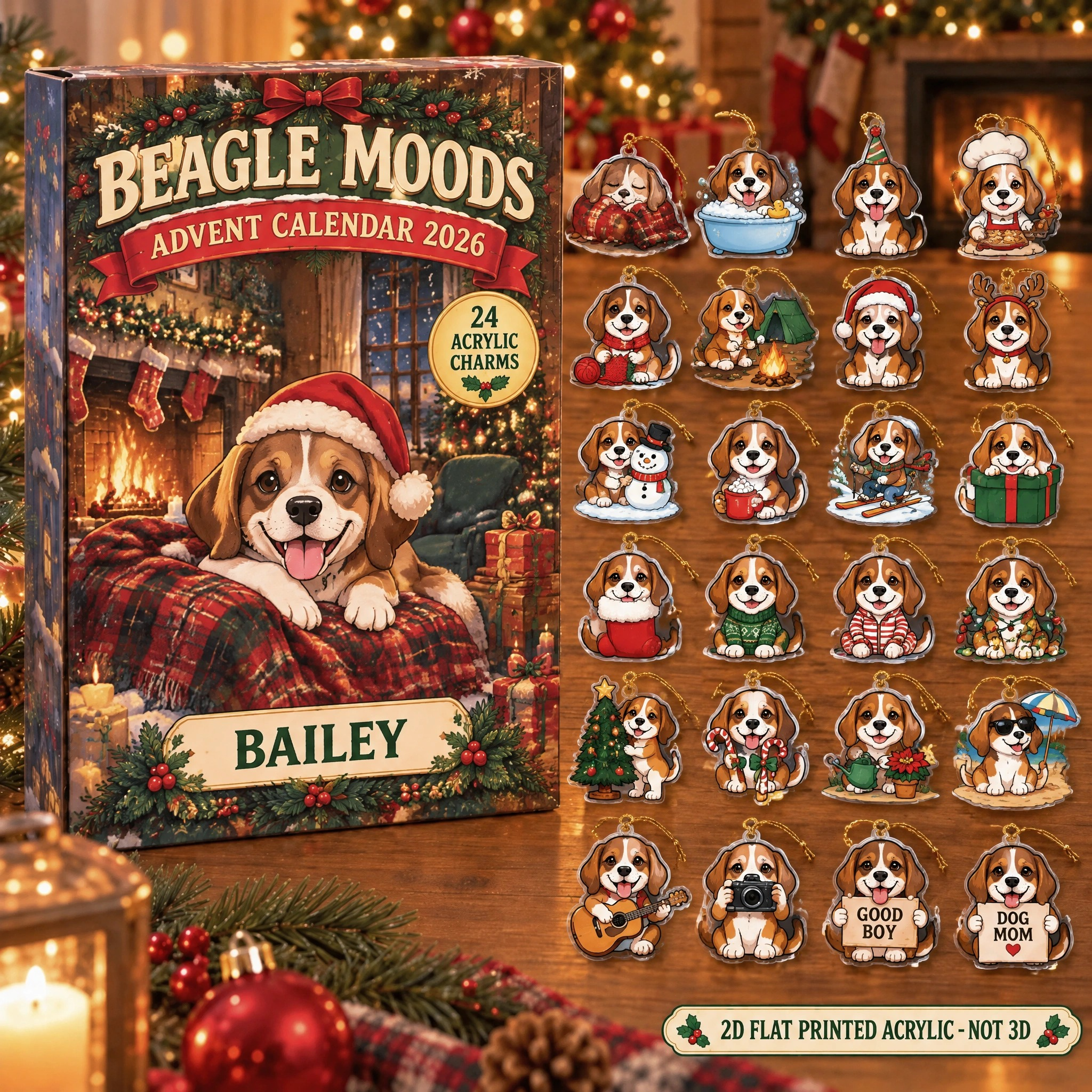 Personalized 24 Moods Beagle advent calendar box with 24 flat acrylic Christmas charms