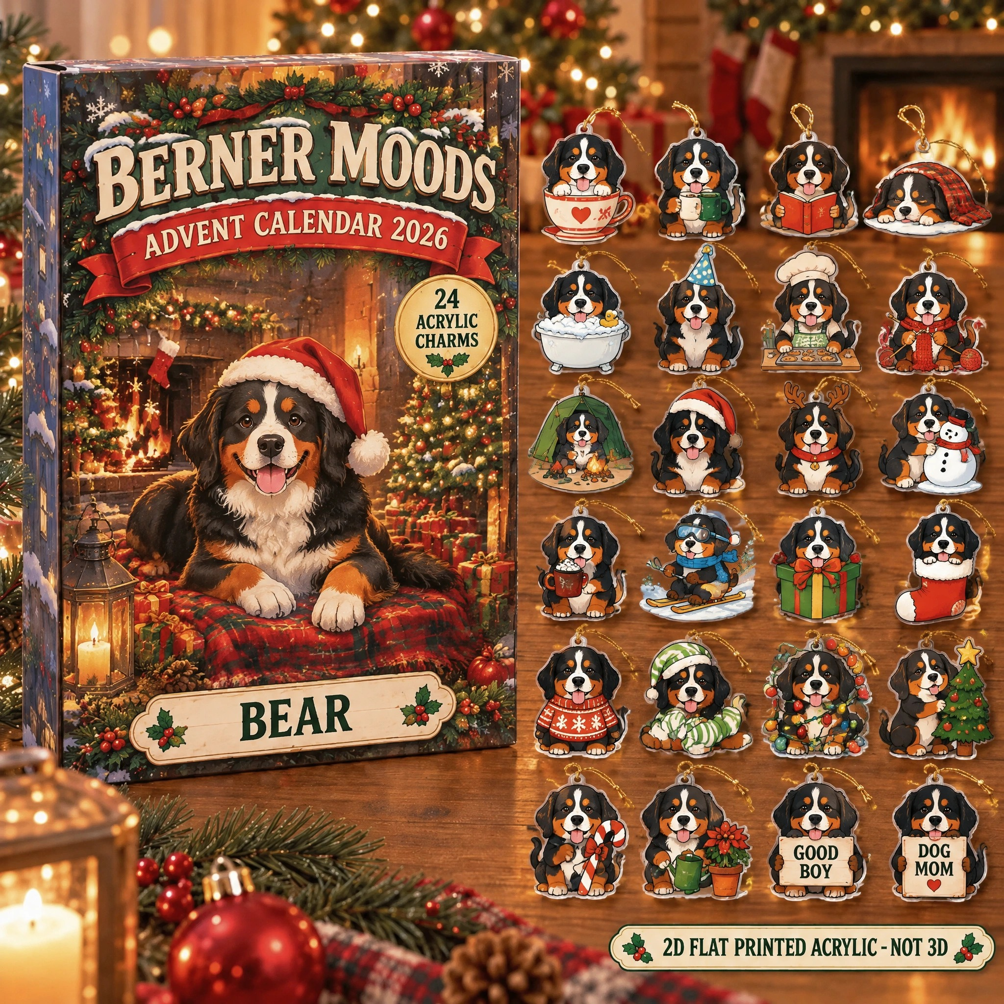 Personalized Bernese Mountain Dog Moods advent calendar box with 24 flat acrylic Christmas charms