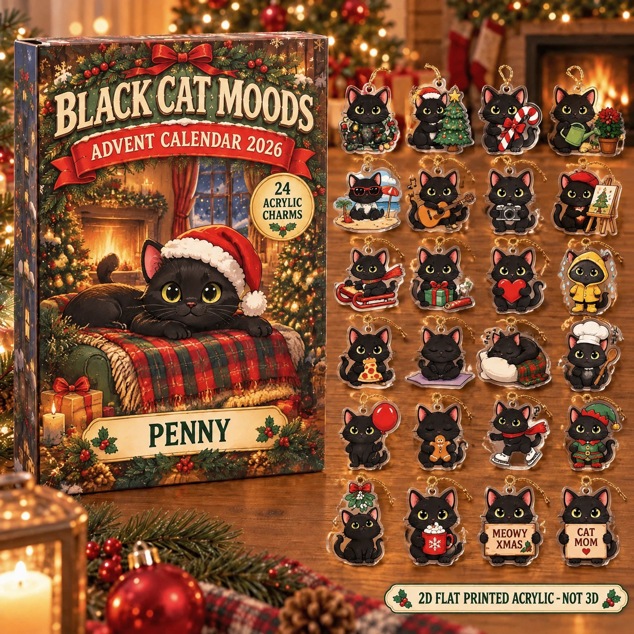 Personalized 24 Moods Black advent calendar box with 24 flat acrylic Christmas charms