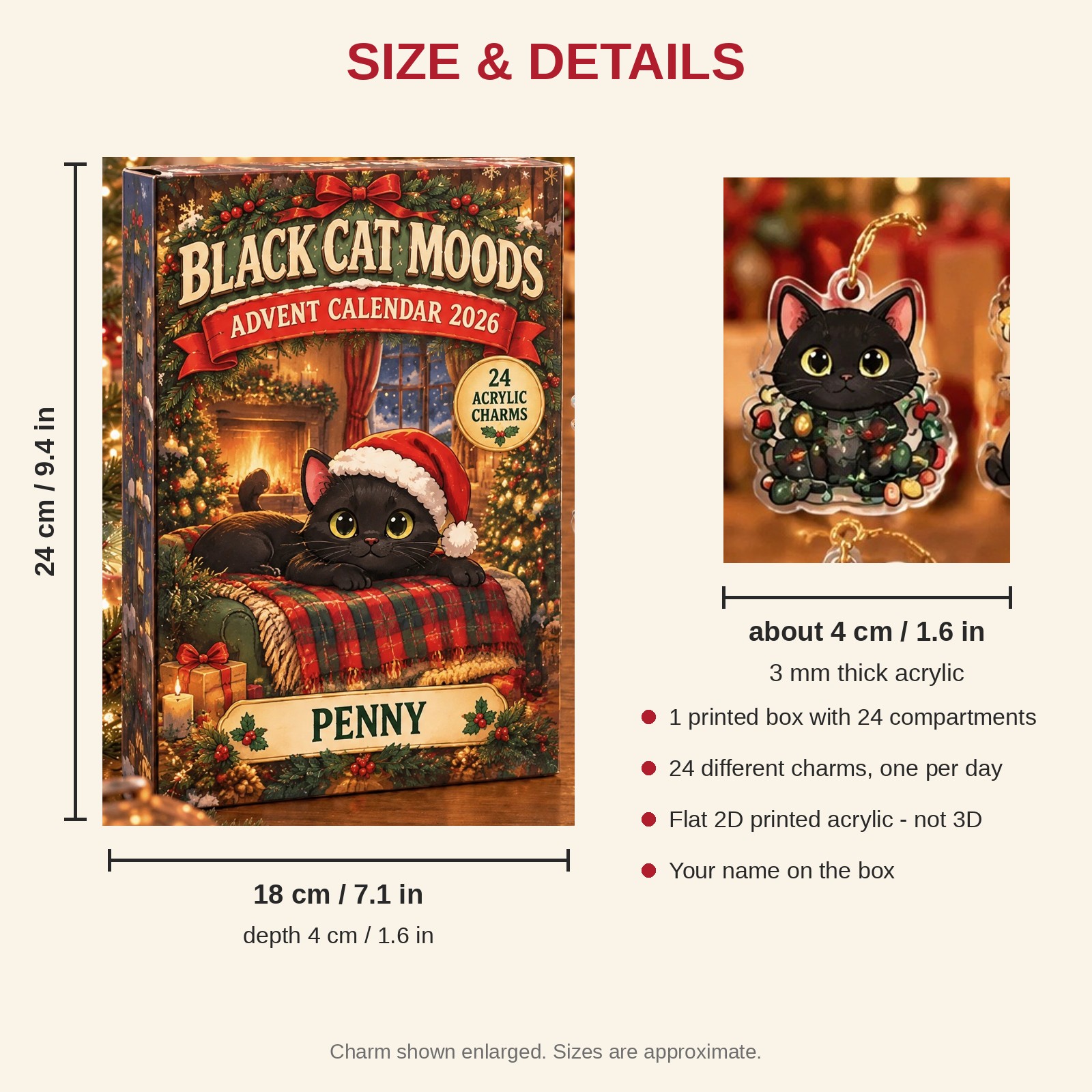 Personalized 24 Moods Black advent calendar box with 24 flat acrylic Christmas charms: box and charm sizes