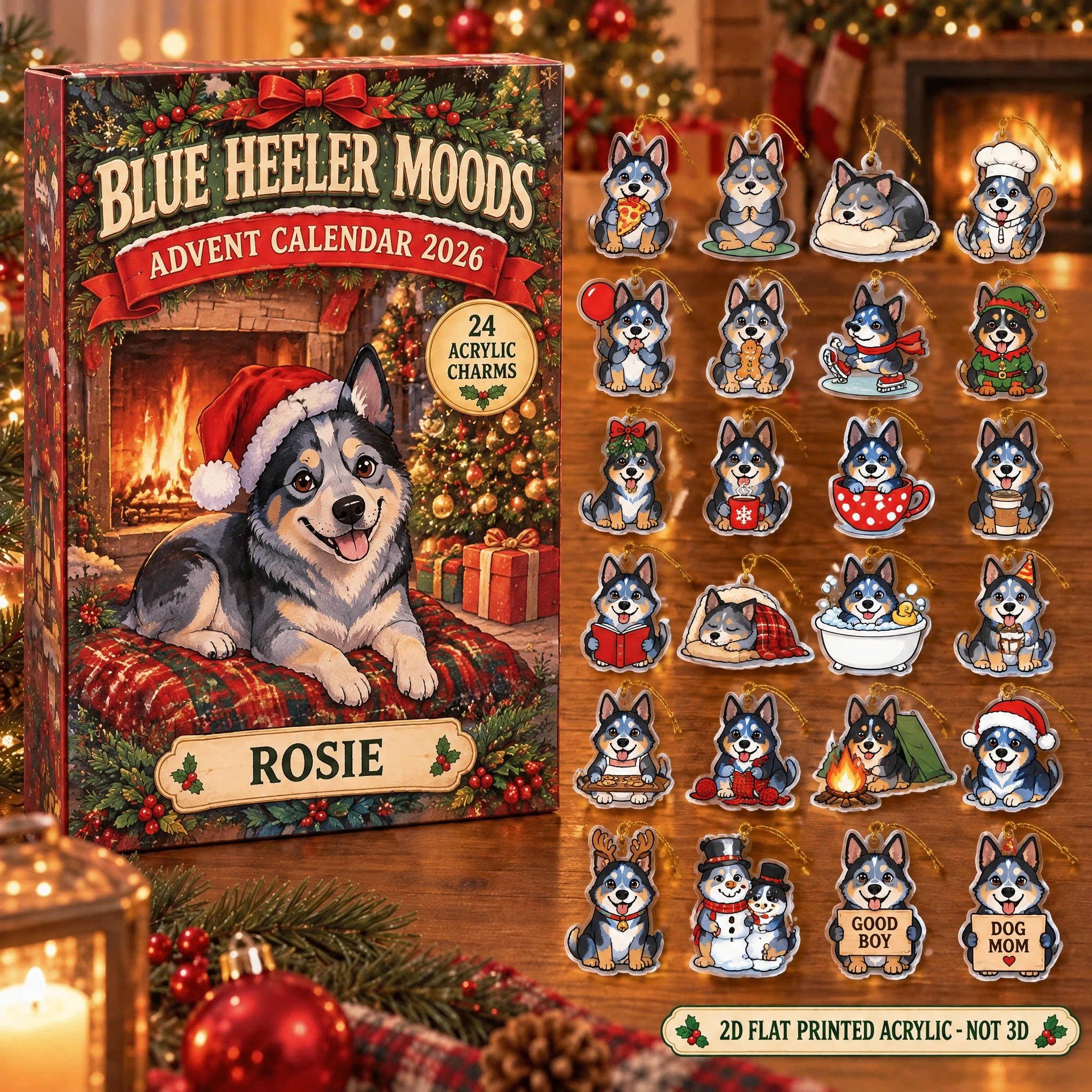 Personalized 24 Moods Blue Heeler advent calendar box with 24 flat acrylic Christmas charms