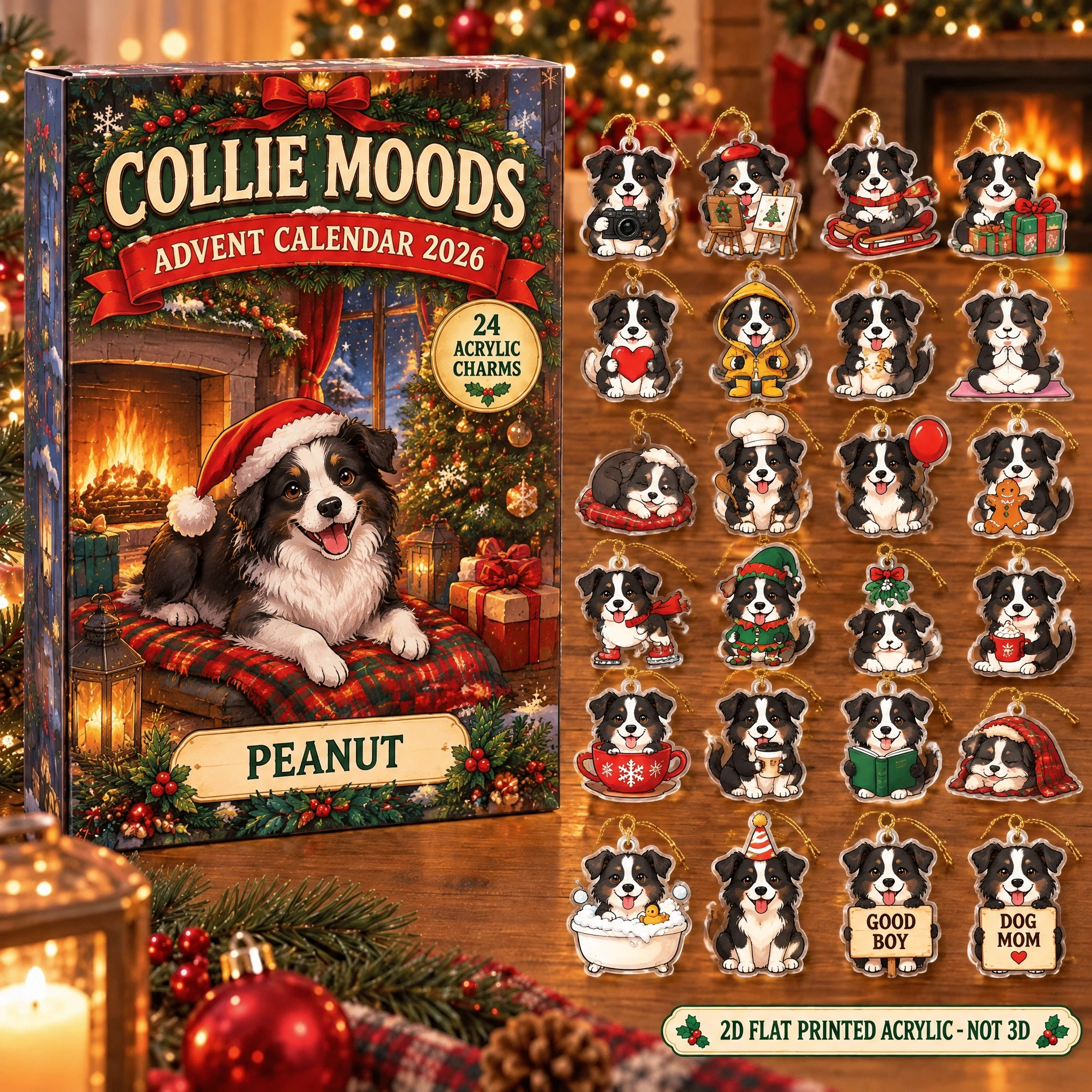 Personalized 24 Moods Border Collie advent calendar box with 24 flat acrylic Christmas charms
