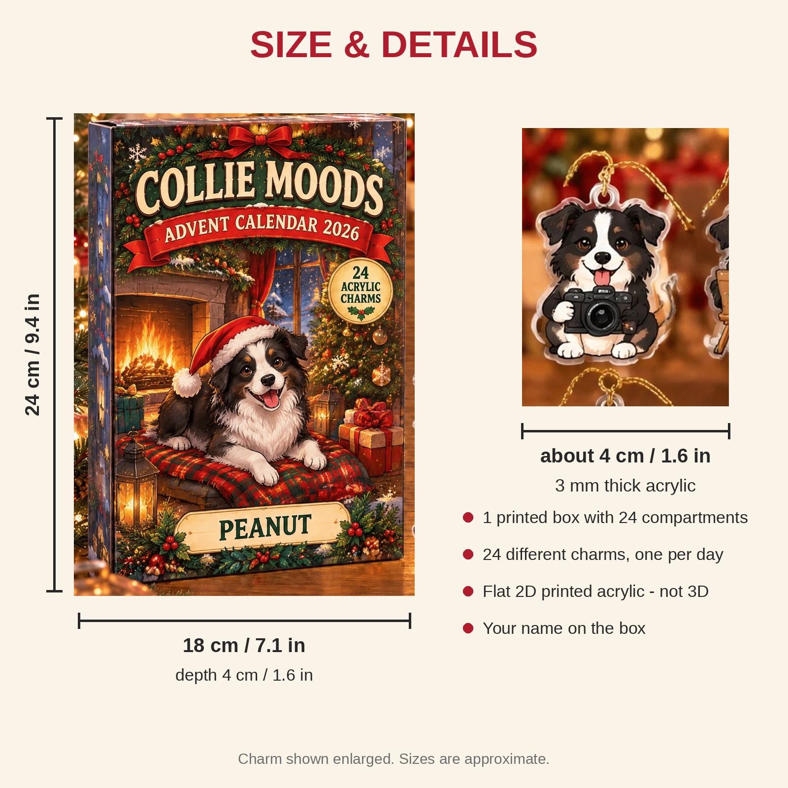 Personalized 24 Moods Border Collie advent calendar box with 24 flat acrylic Christmas charms: box and charm sizes