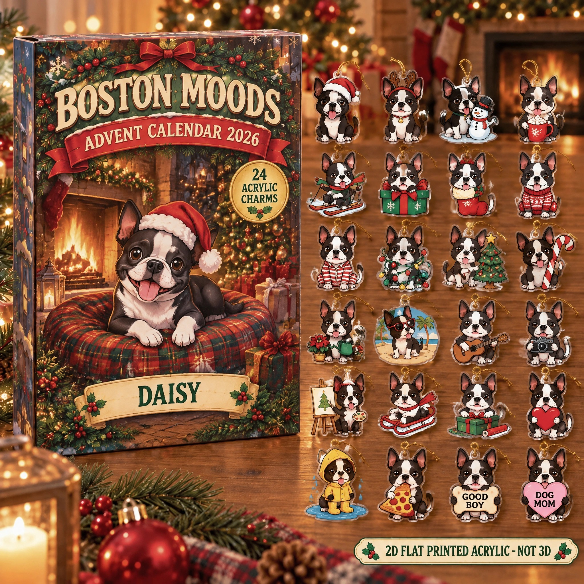Personalized 24 Moods Boston Terrier advent calendar box with 24 flat acrylic Christmas charms