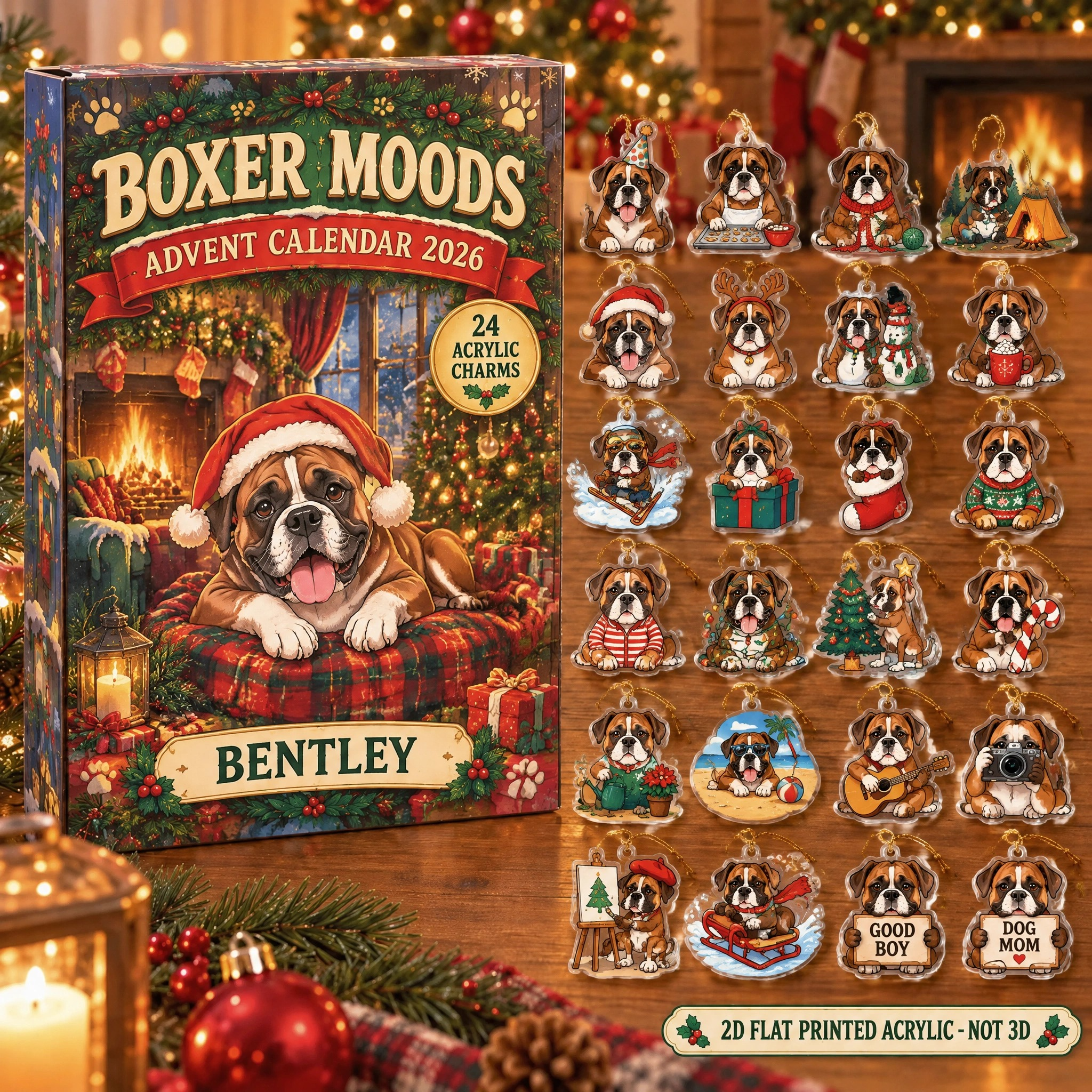 Personalized 24 Moods Boxer advent calendar box with 24 flat acrylic Christmas charms
