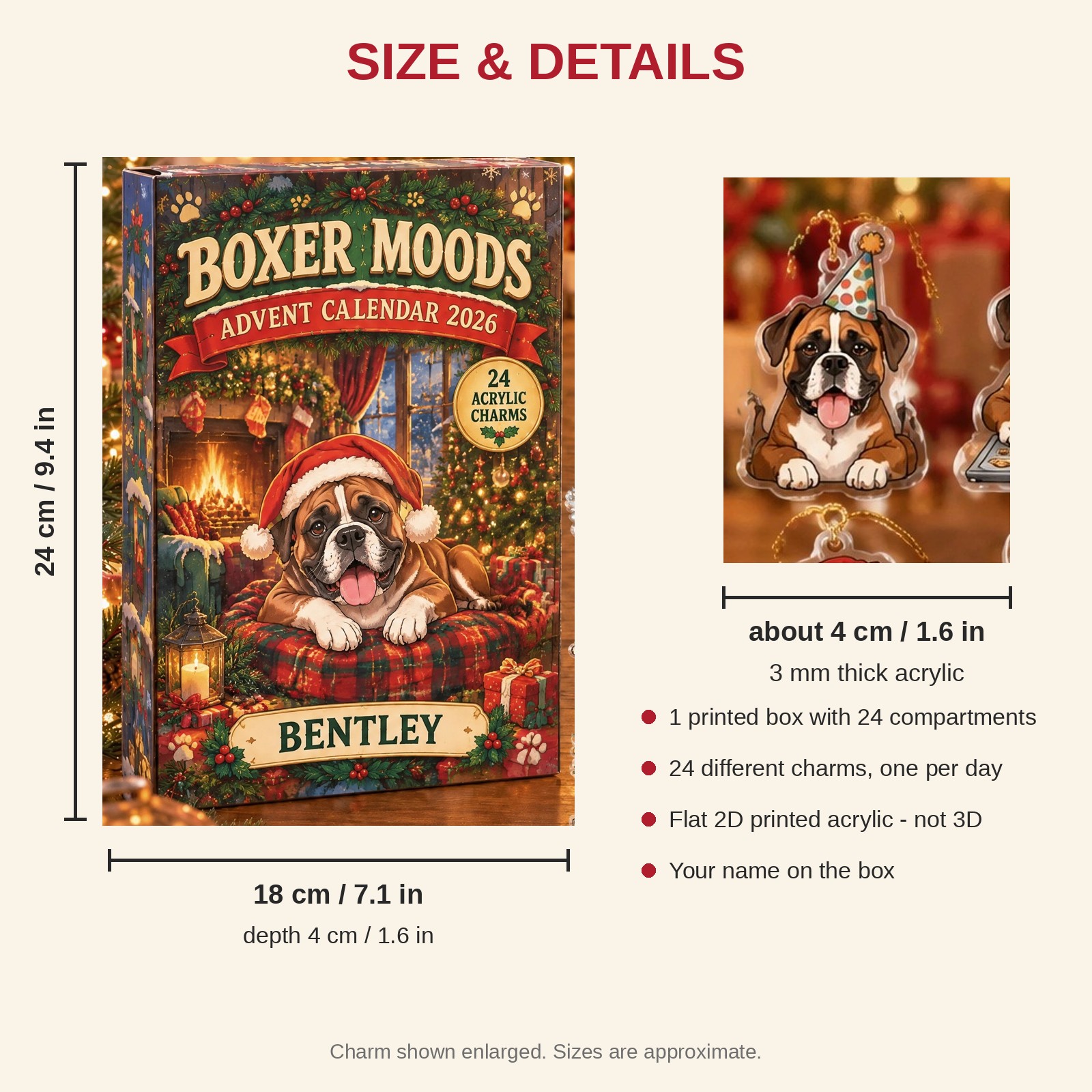 Personalized 24 Moods Boxer advent calendar box with 24 flat acrylic Christmas charms: box and charm sizes