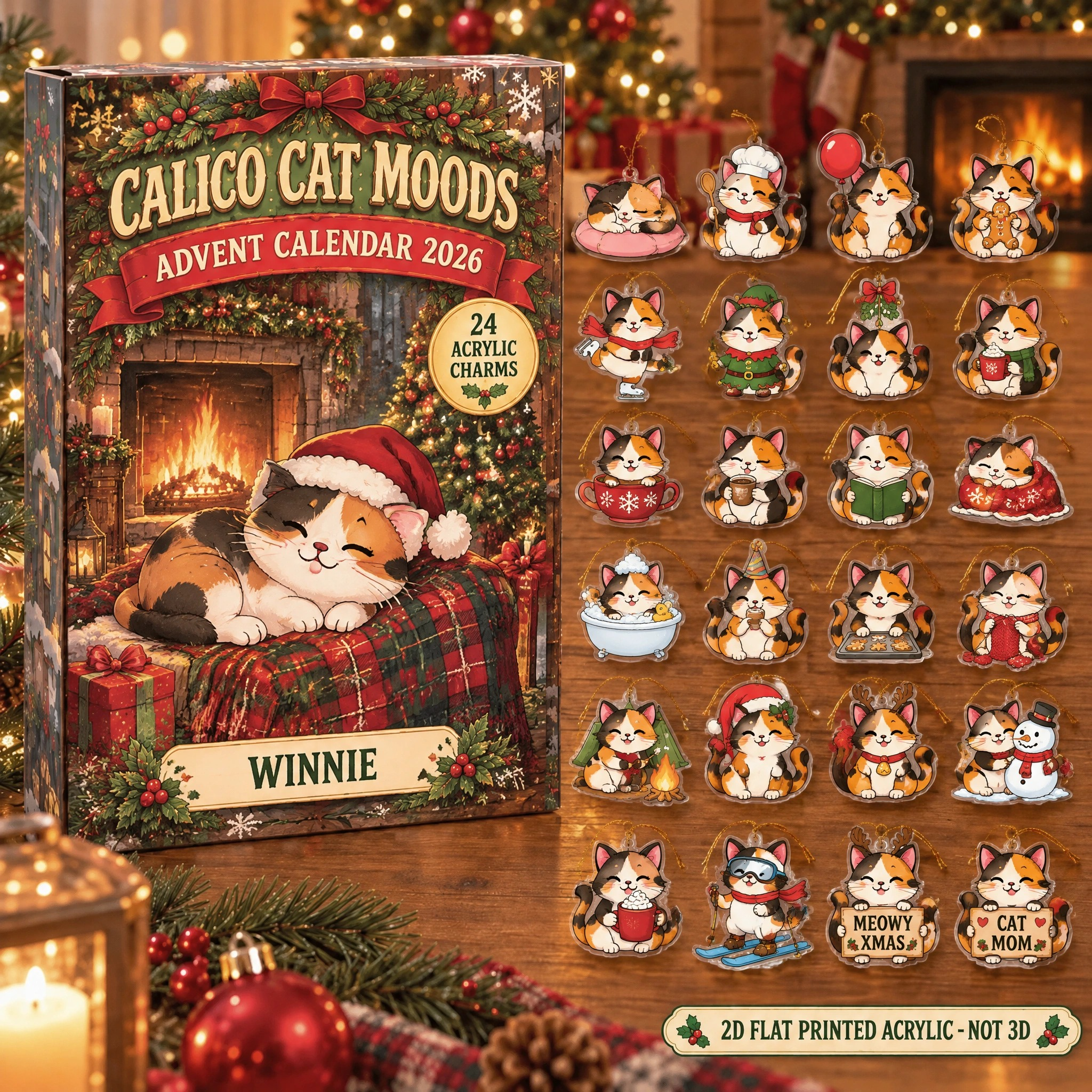 Personalized 24 Moods Calico advent calendar box with 24 flat acrylic Christmas charms