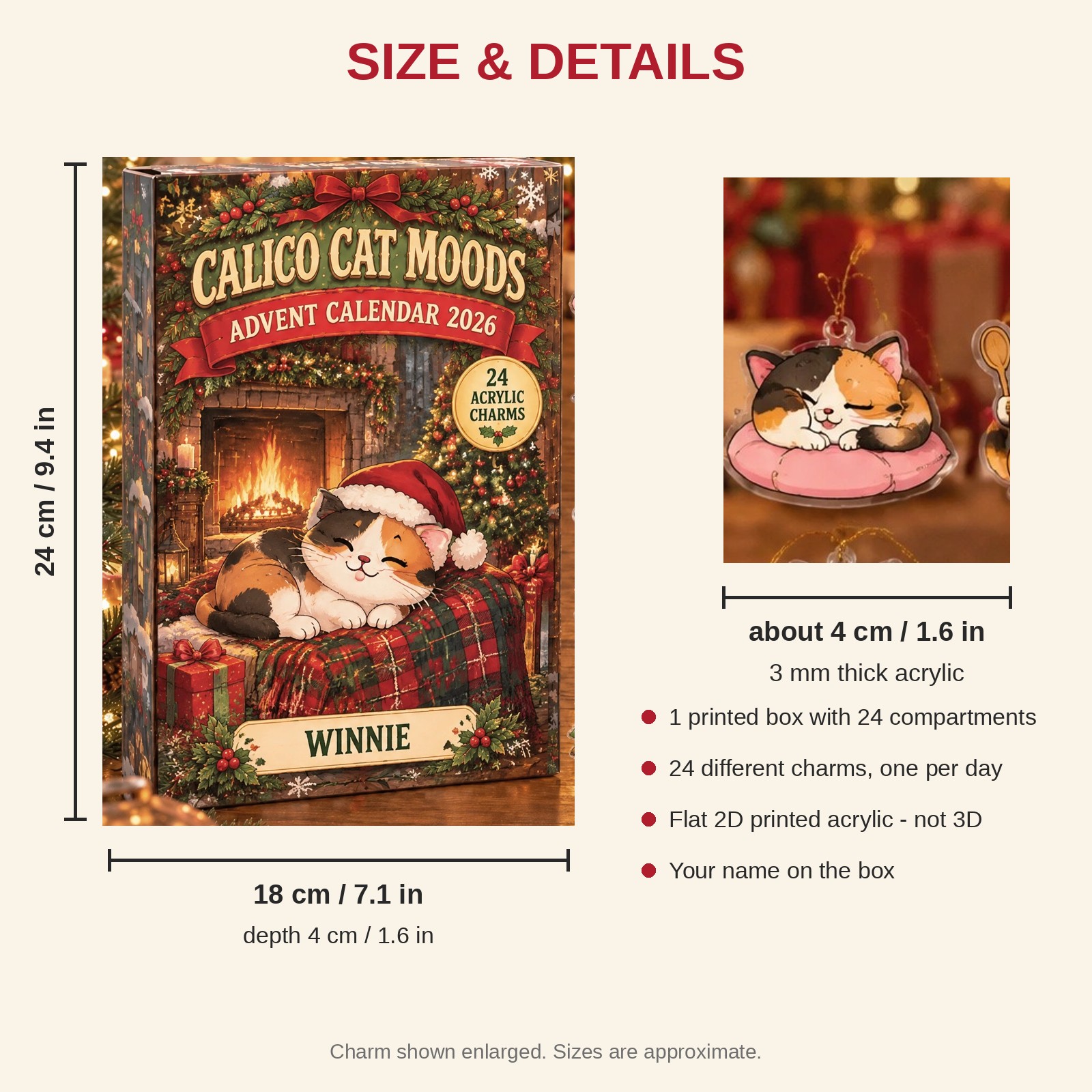 Personalized 24 Moods Calico advent calendar box with 24 flat acrylic Christmas charms: box and charm sizes