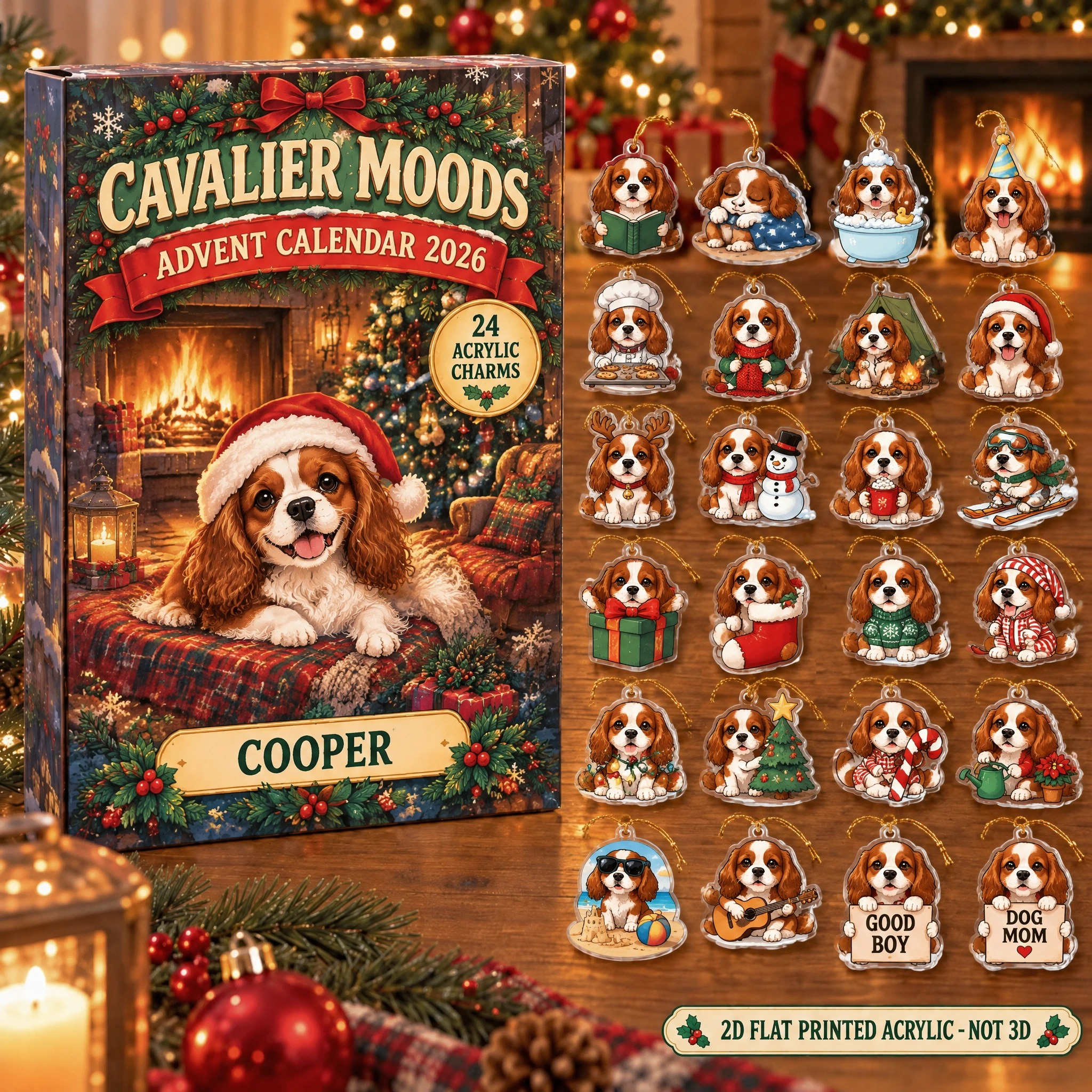 Personalized 24 Moods Cavalier advent calendar box with 24 flat acrylic Christmas charms
