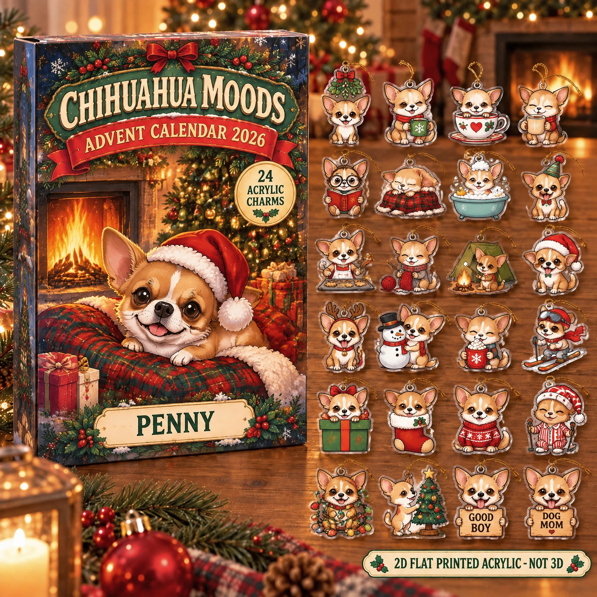 Personalized 24 Moods Chihuahua advent calendar box with 24 flat acrylic Christmas charms