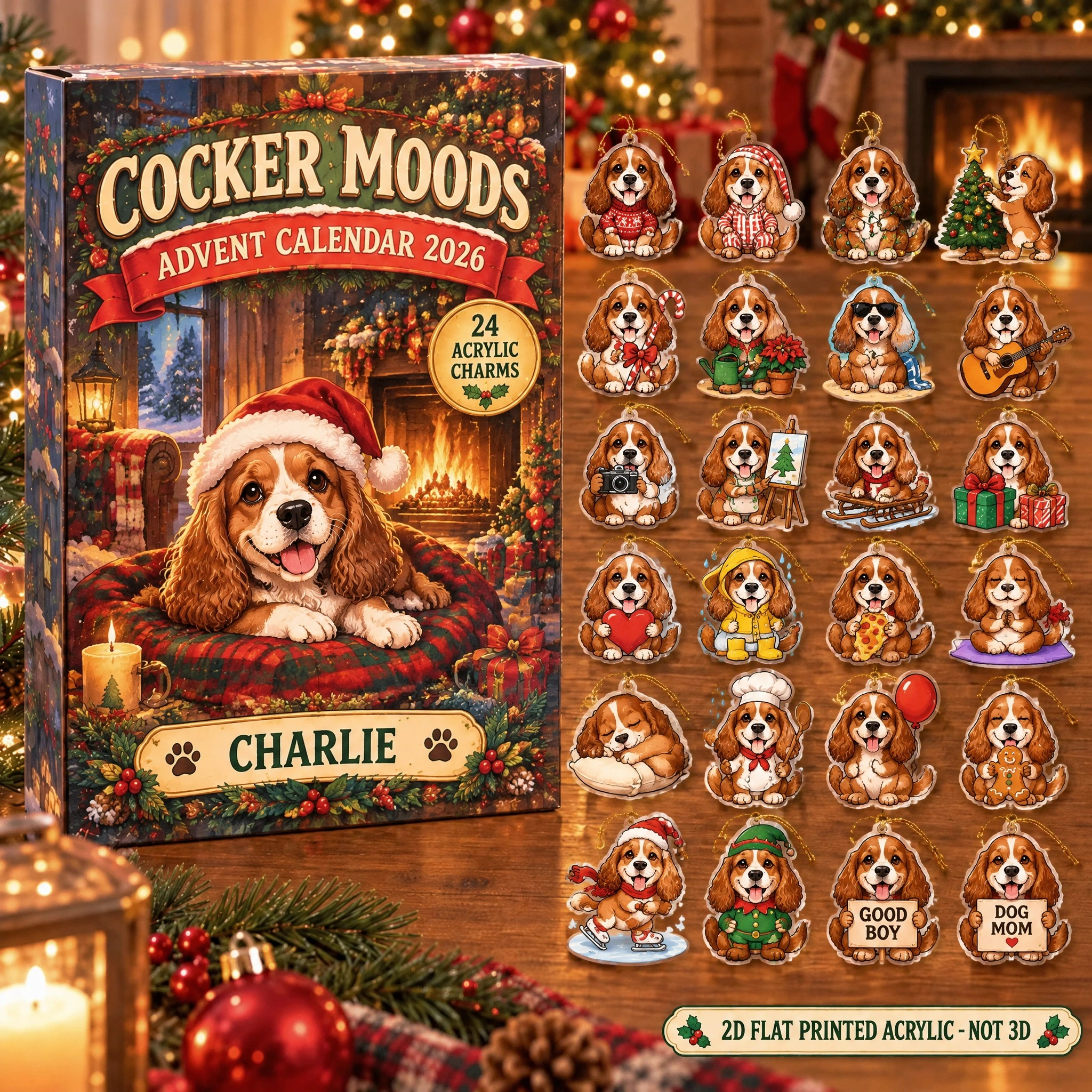 Personalized 24 Moods Cocker Spaniel advent calendar box with 24 flat acrylic Christmas charms
