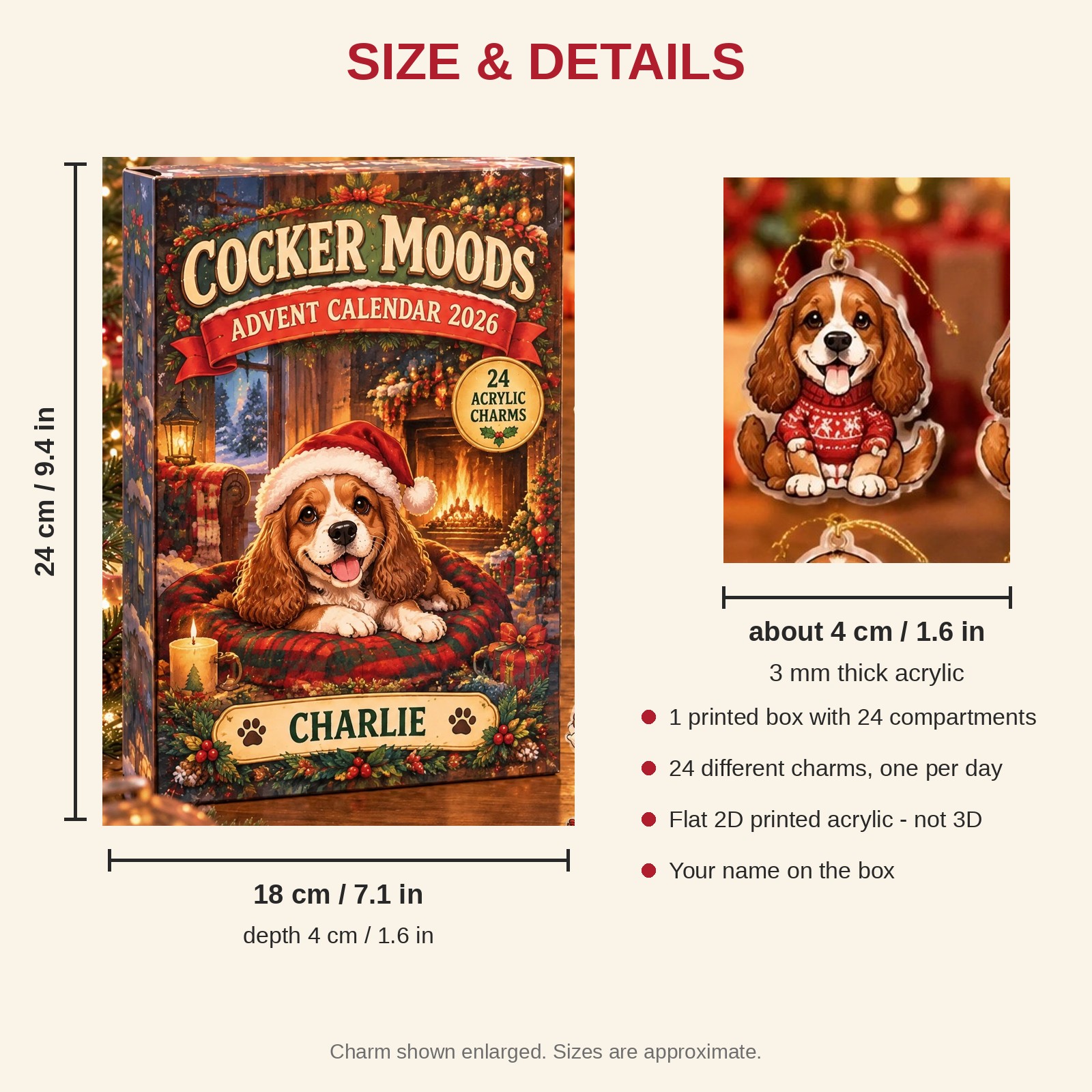 Personalized 24 Moods Cocker Spaniel advent calendar box with 24 flat acrylic Christmas charms: box and charm sizes