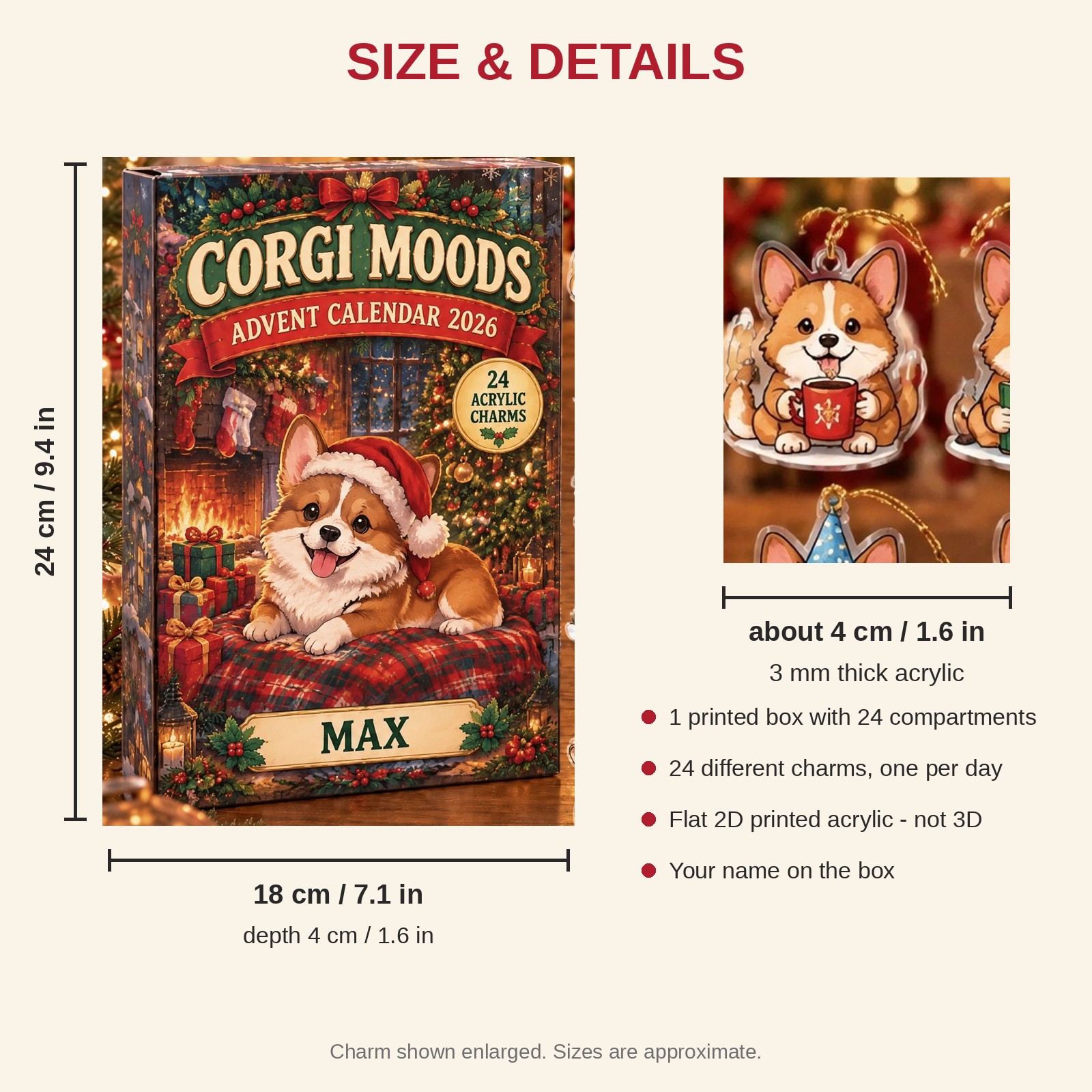 Personalized 24 Moods Corgi advent calendar box with 24 flat acrylic Christmas charms: box and charm sizes