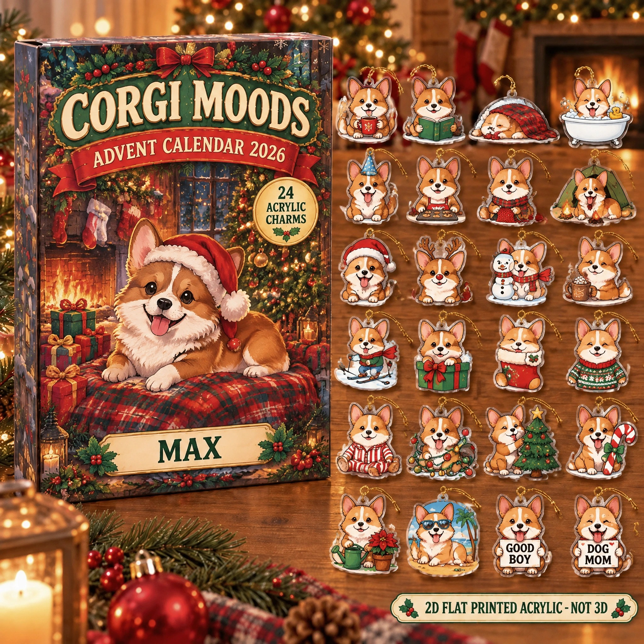 Personalized 24 Moods Corgi advent calendar box with 24 flat acrylic Christmas charms