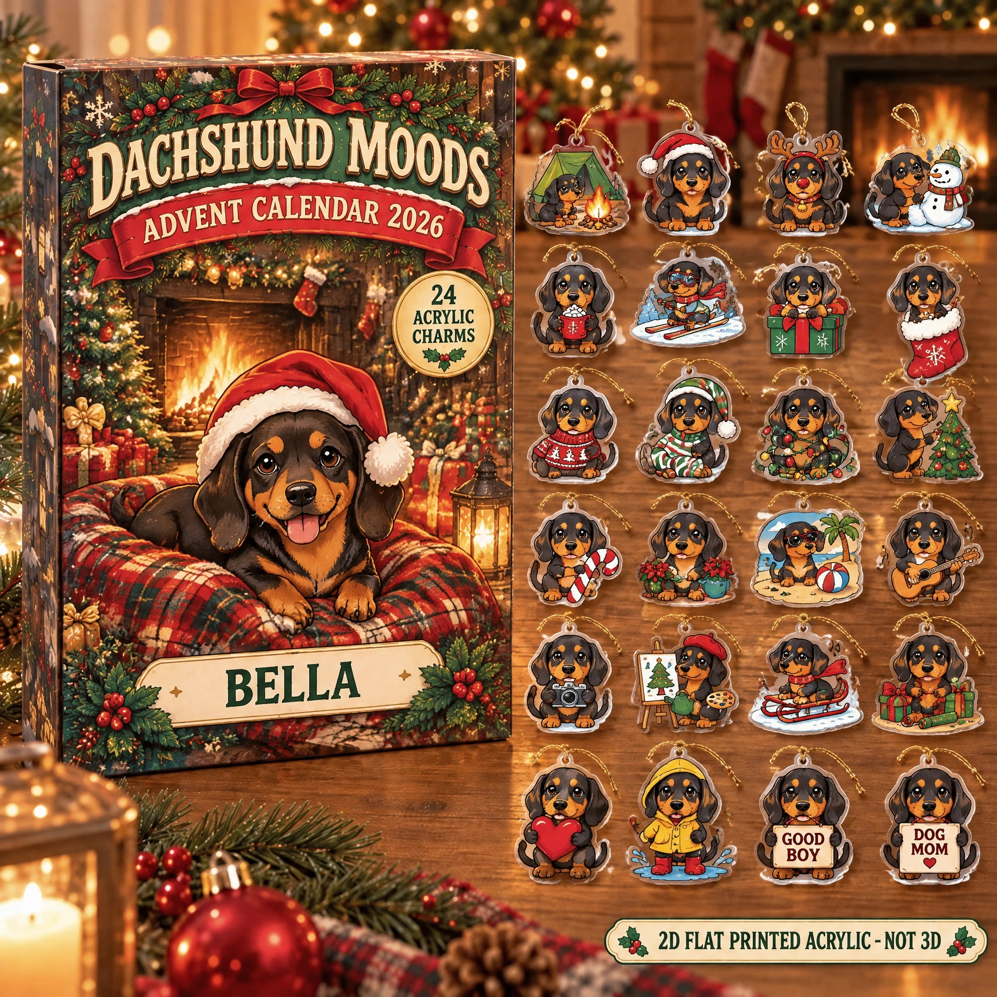 Personalized 24 Moods Dachshund advent calendar box with 24 flat acrylic Christmas charms