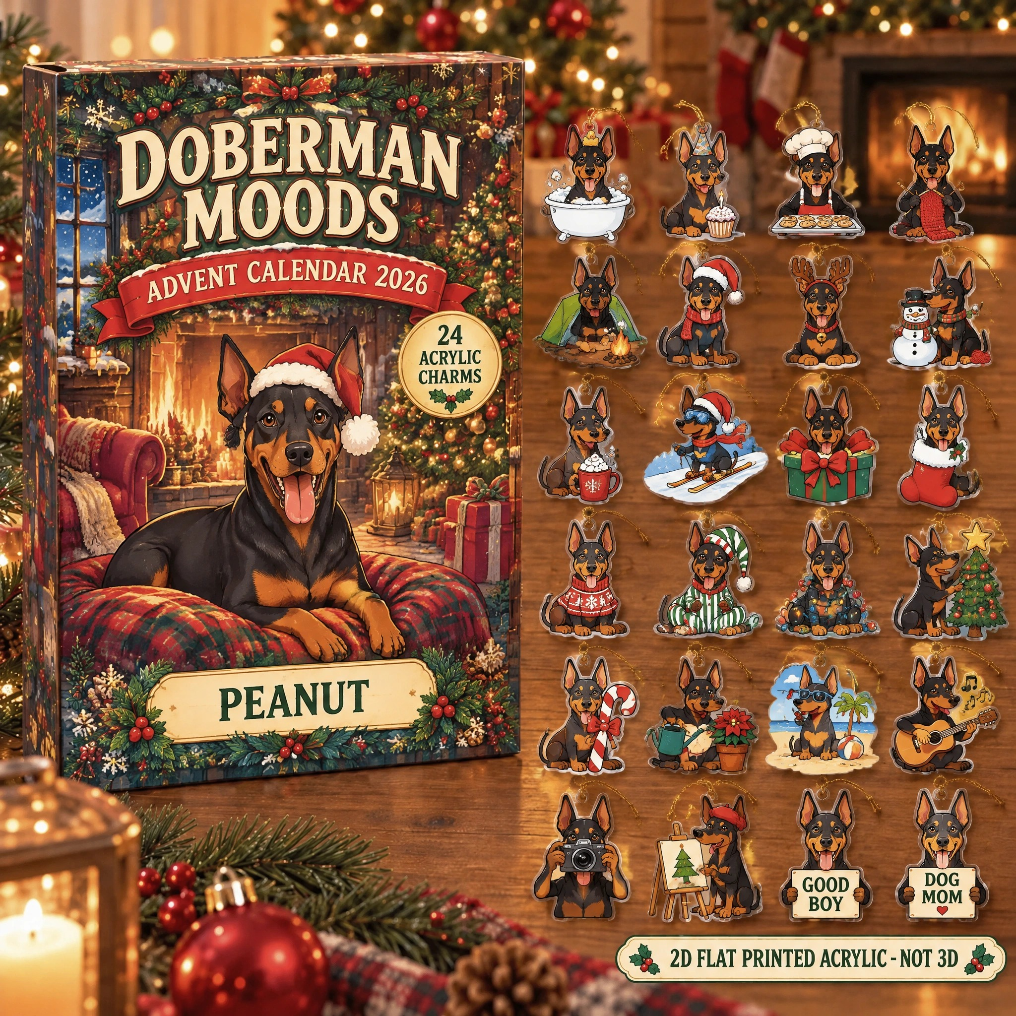 Personalized 24 Moods Doberman advent calendar box with 24 flat acrylic Christmas charms