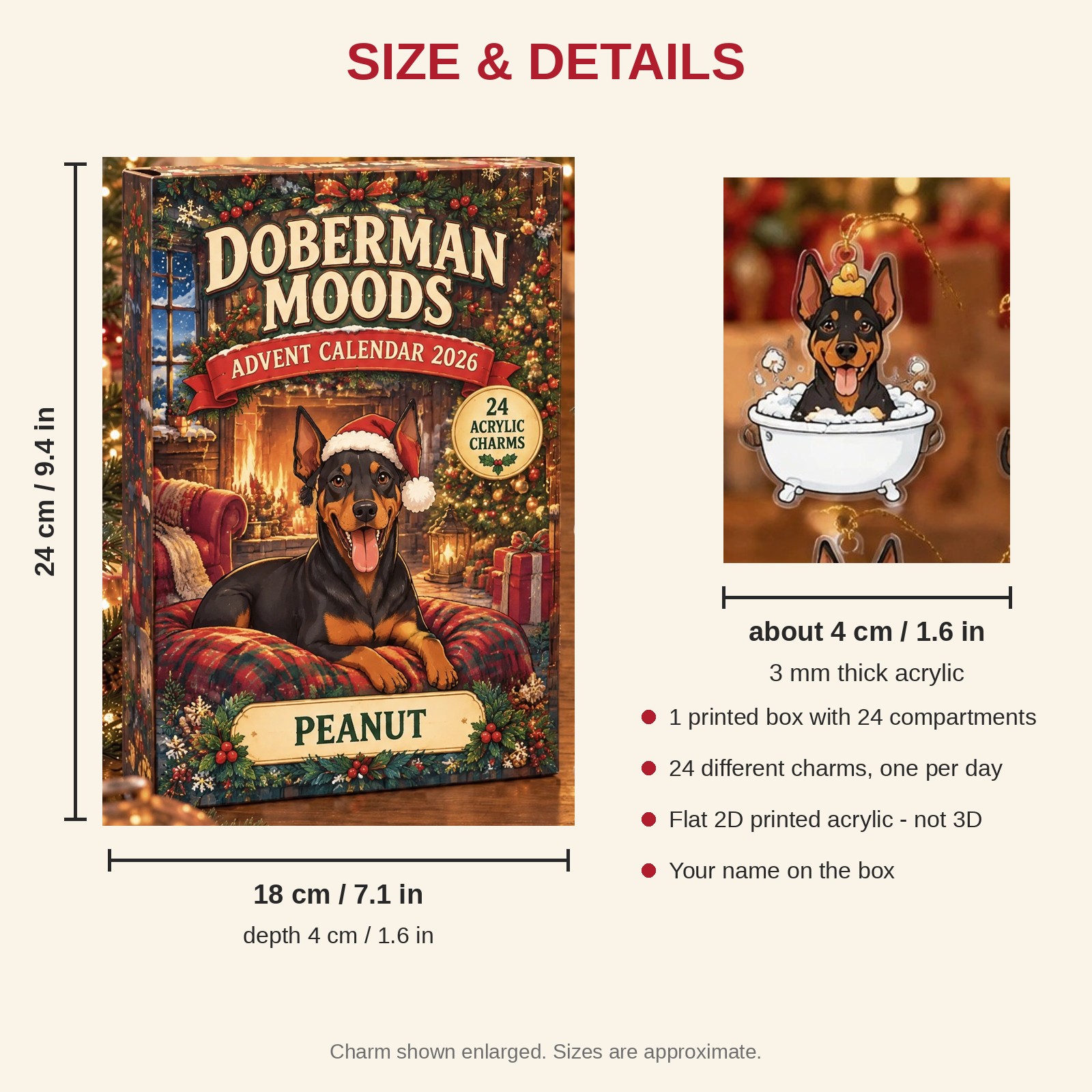 Personalized 24 Moods Doberman advent calendar box with 24 flat acrylic Christmas charms: box and charm sizes