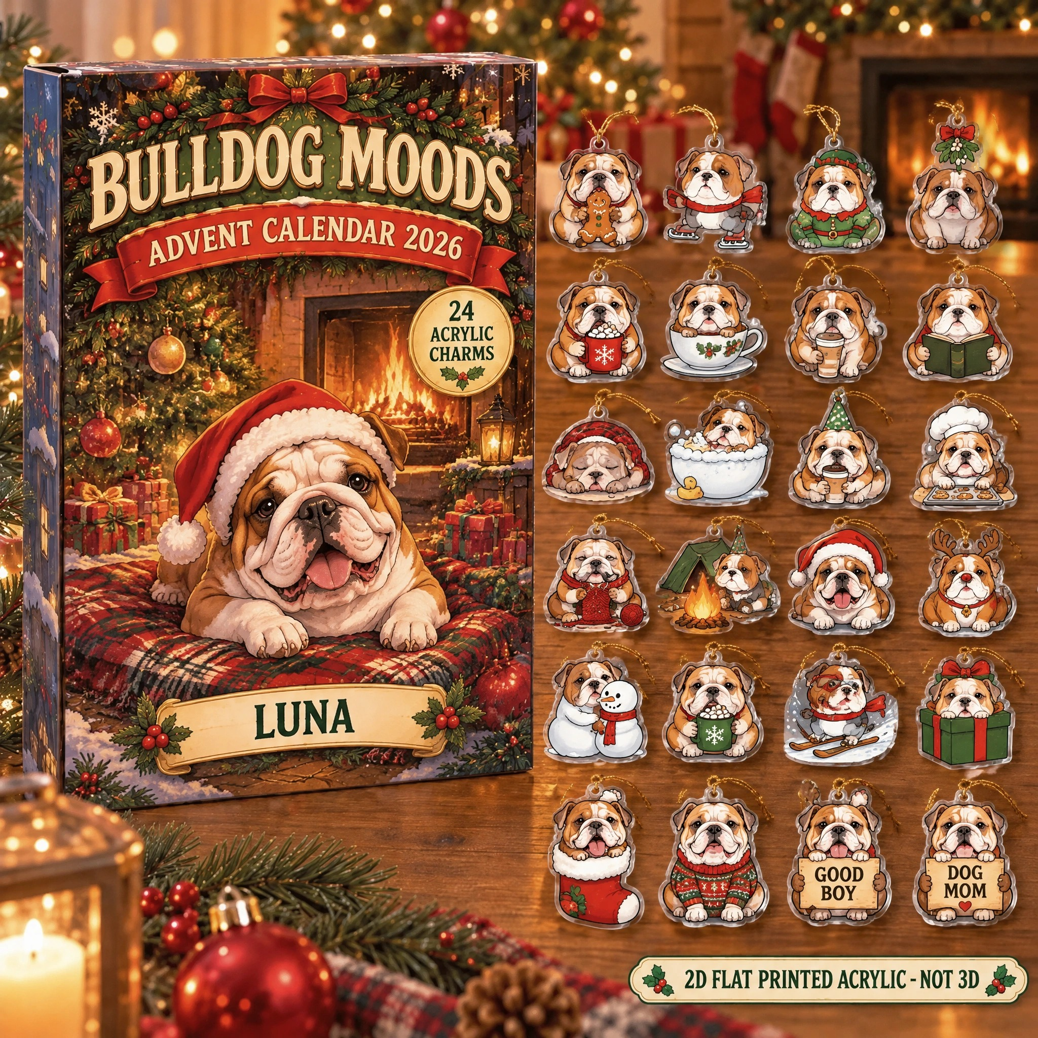 Personalized 24 Moods English Bulldog advent calendar box with 24 flat acrylic Christmas charms