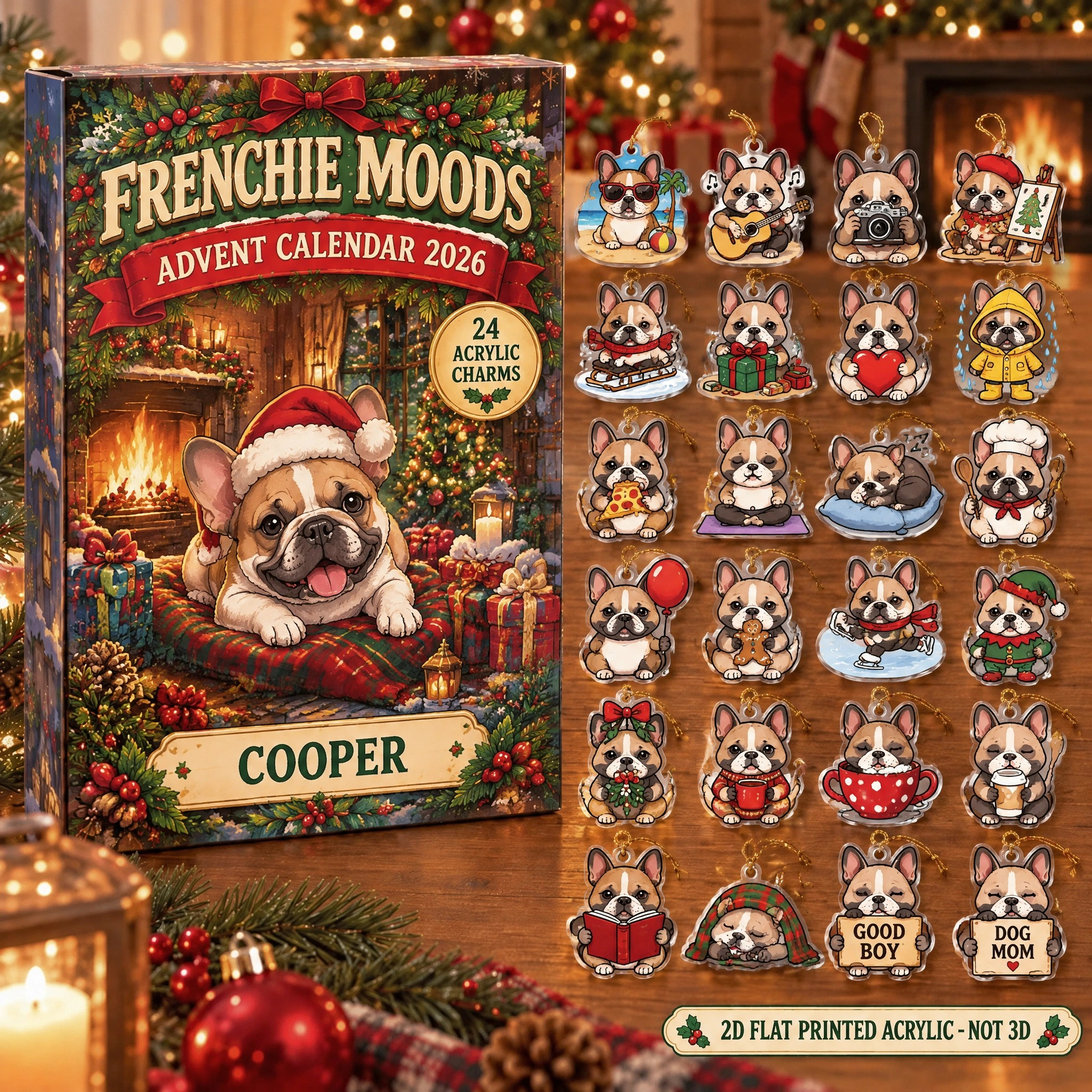 Personalized 24 Moods French Bulldog advent calendar box with 24 flat acrylic Christmas charms