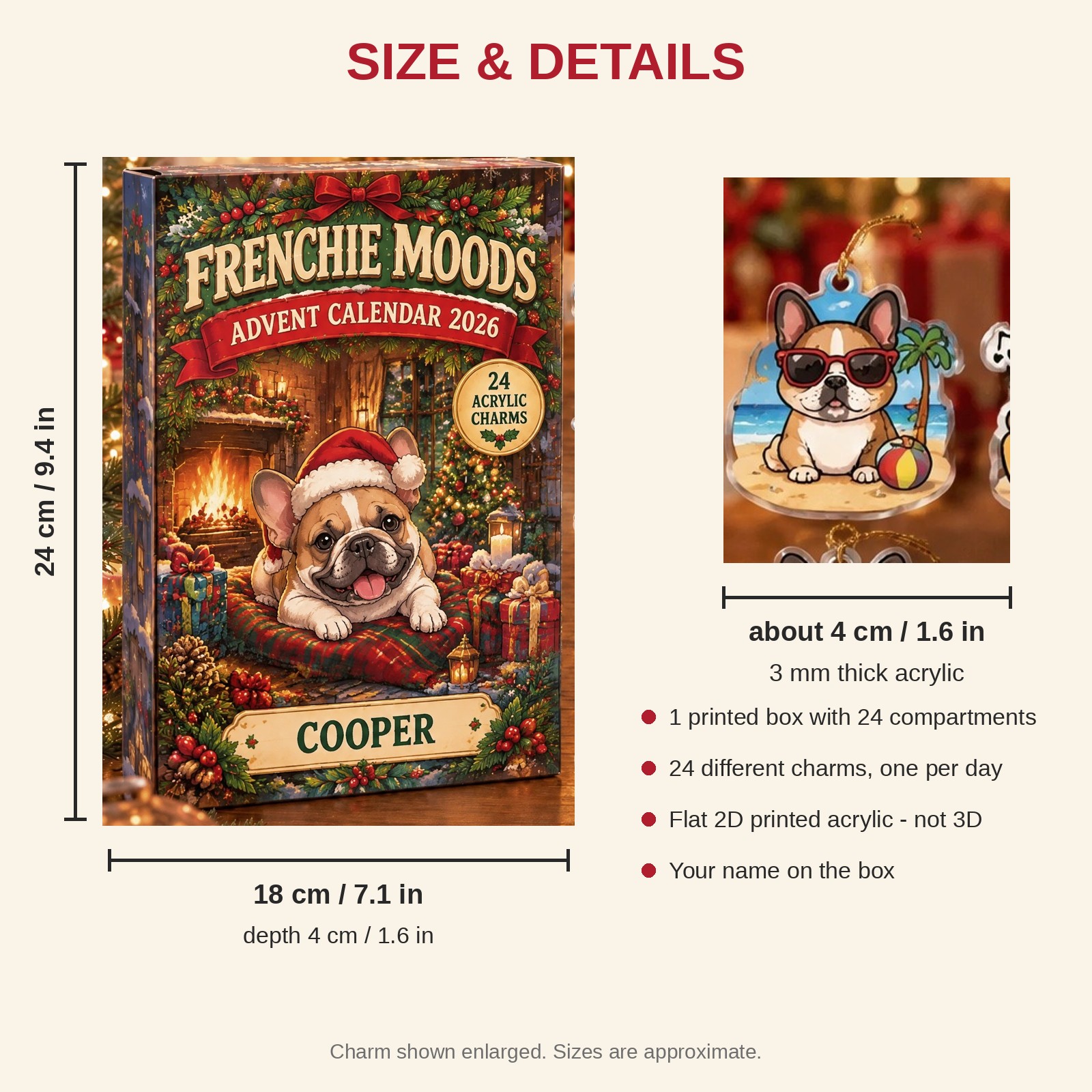Personalized 24 Moods French Bulldog advent calendar box with 24 flat acrylic Christmas charms: box and charm sizes