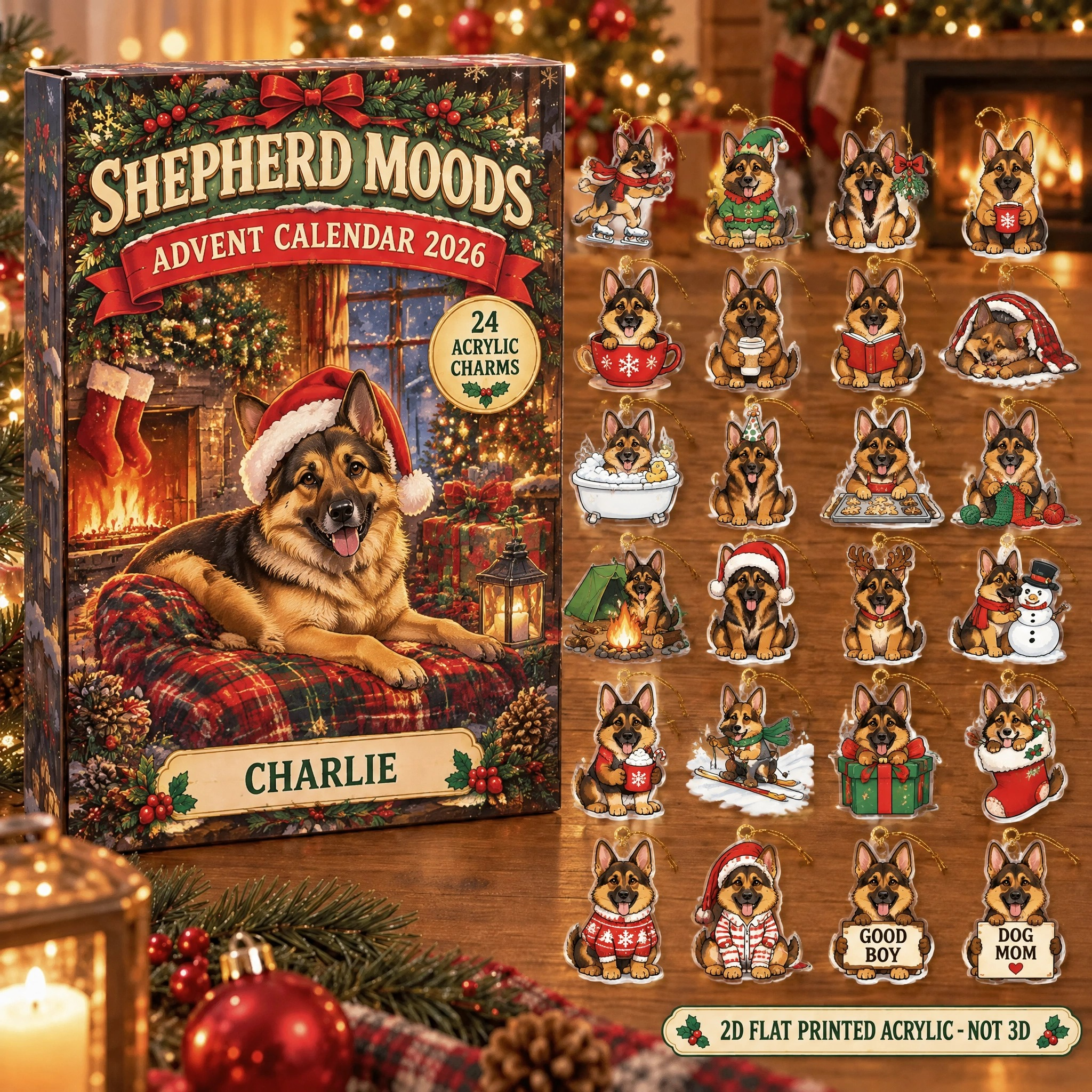 Personalized 24 Moods German Shepherd advent calendar box with 24 flat acrylic Christmas charms