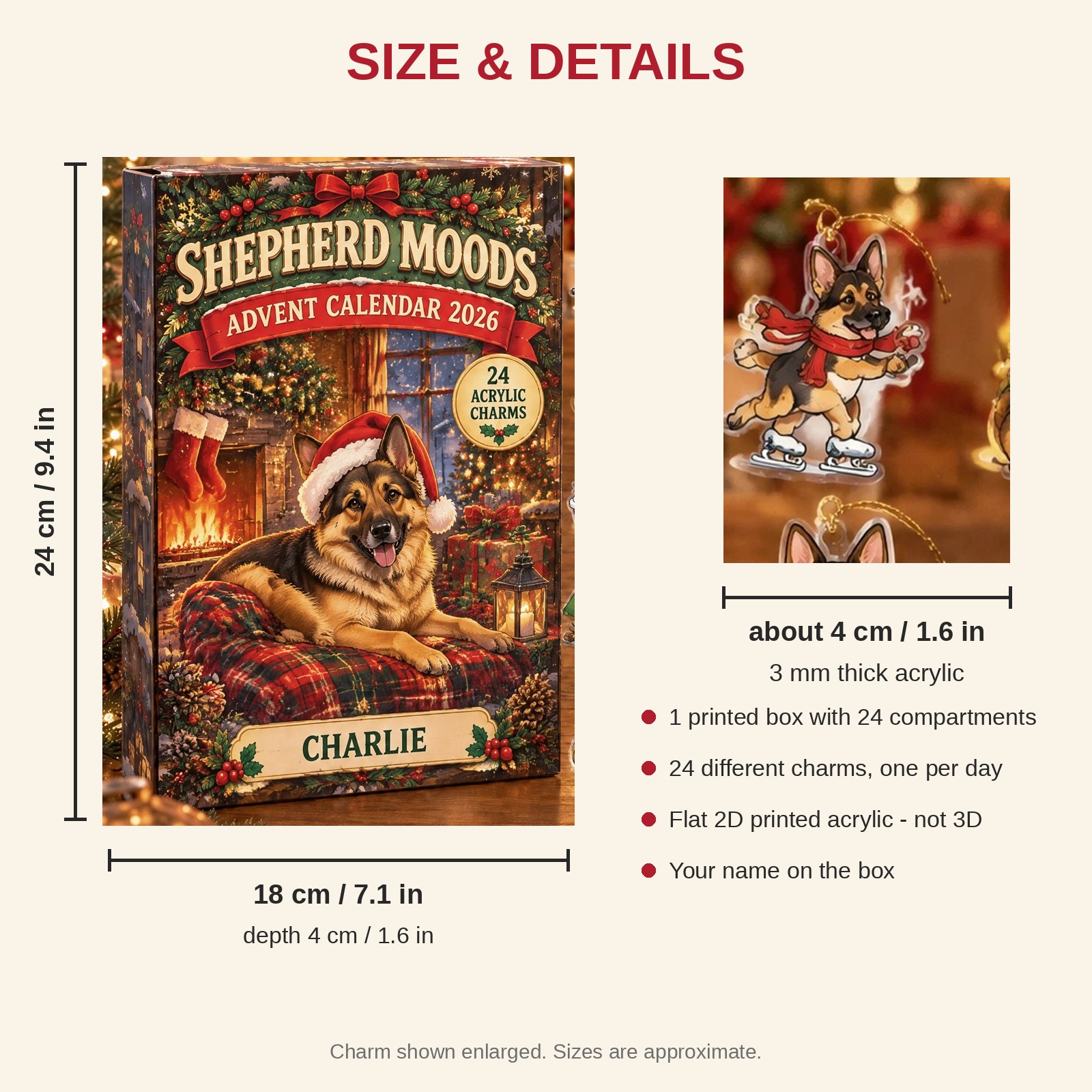 Personalized 24 Moods German Shepherd advent calendar box with 24 flat acrylic Christmas charms: box and charm sizes