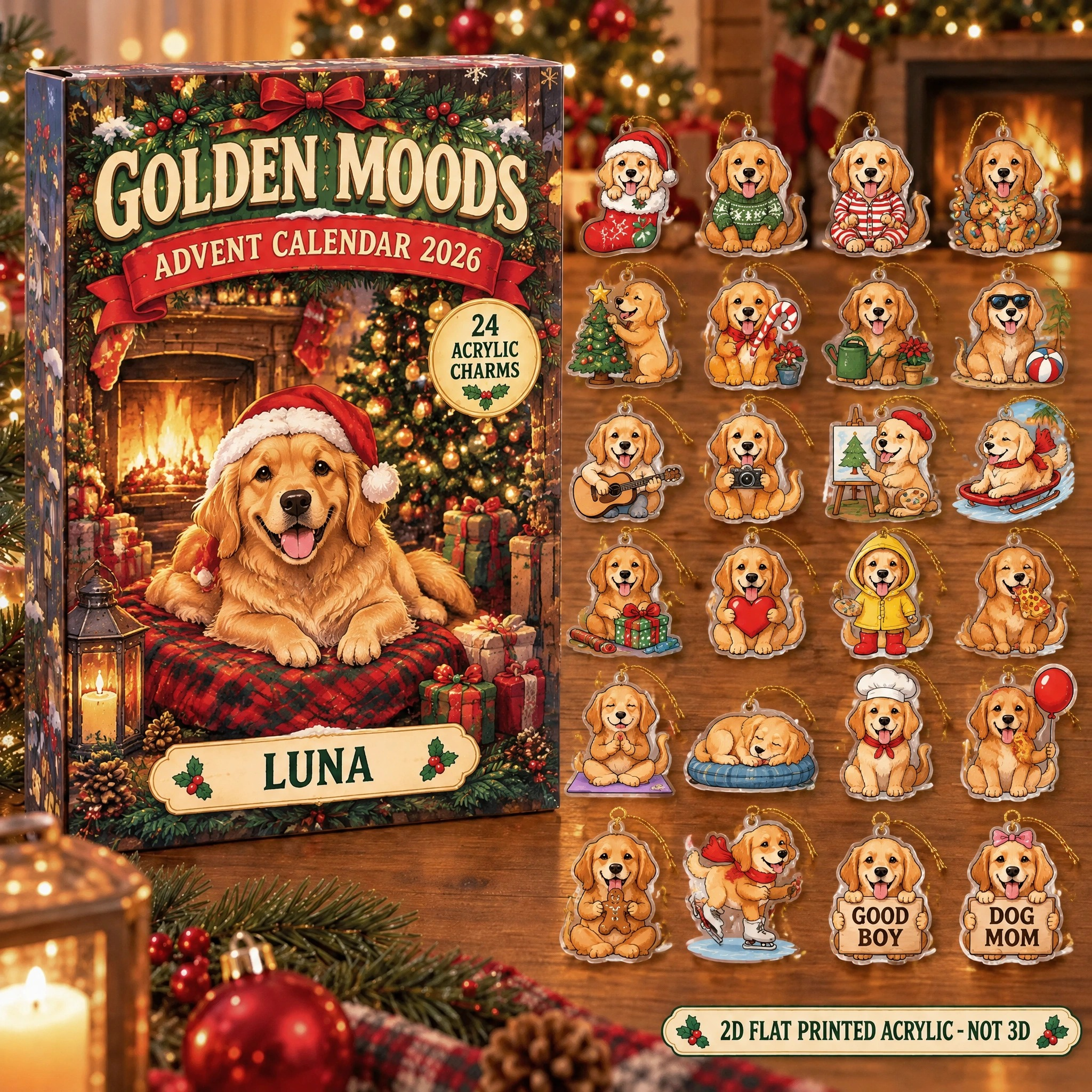 Personalized 24 Moods Golden Retriever advent calendar box with 24 flat acrylic Christmas charms