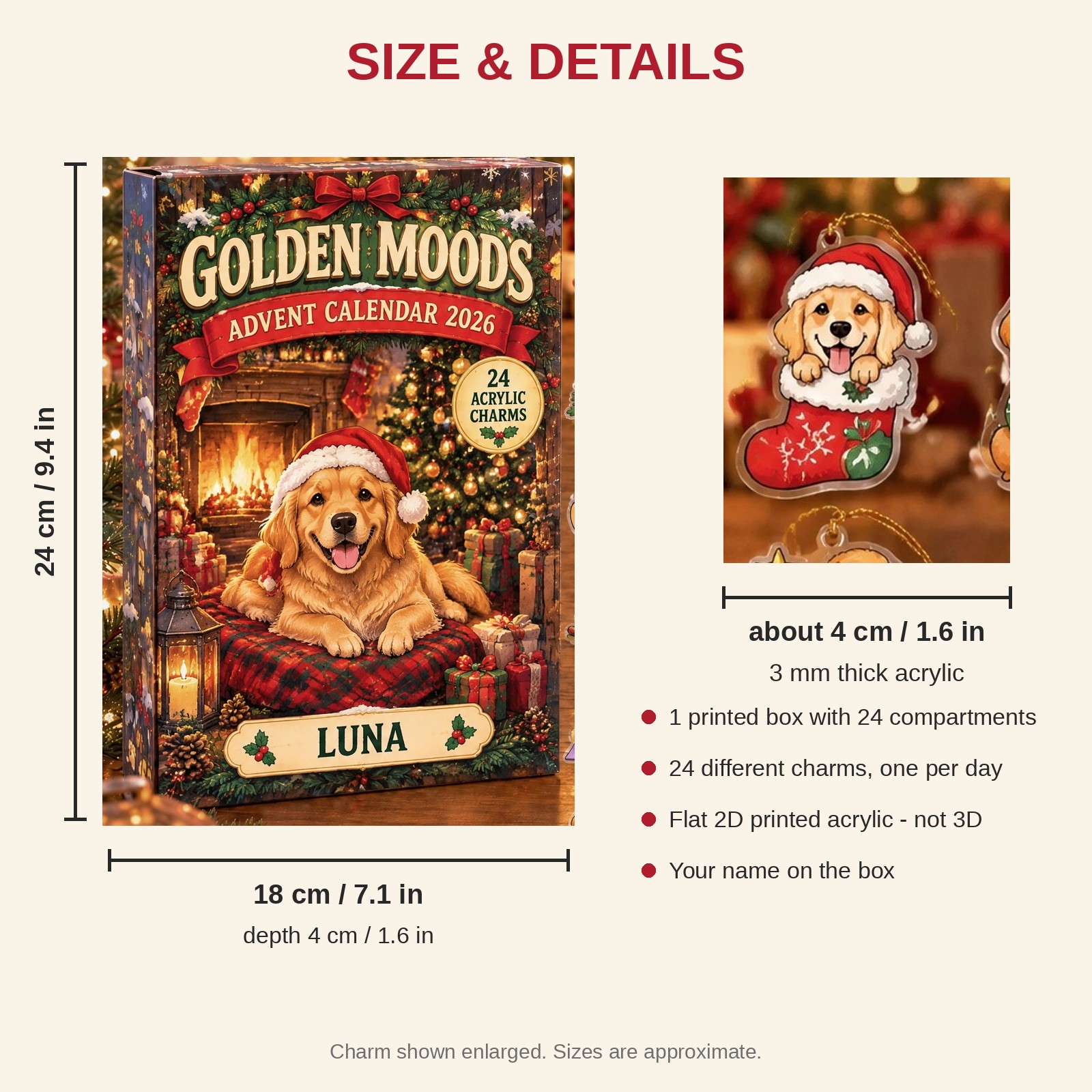 Personalized 24 Moods Golden Retriever advent calendar box with 24 flat acrylic Christmas charms: box and charm sizes
