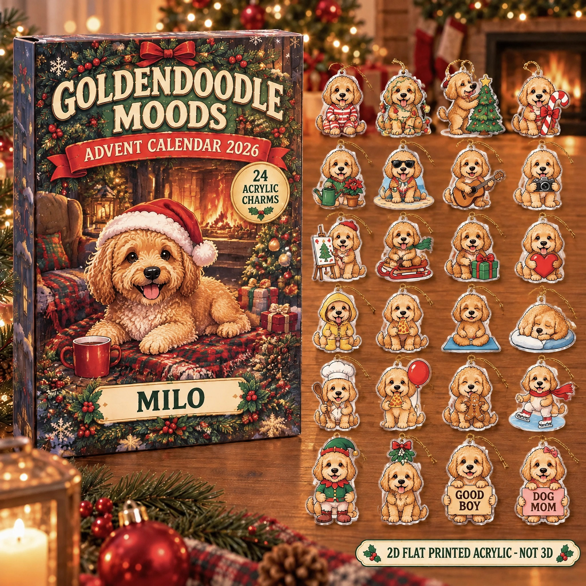 Personalized 24 Moods Goldendoodle advent calendar box with 24 flat acrylic Christmas charms