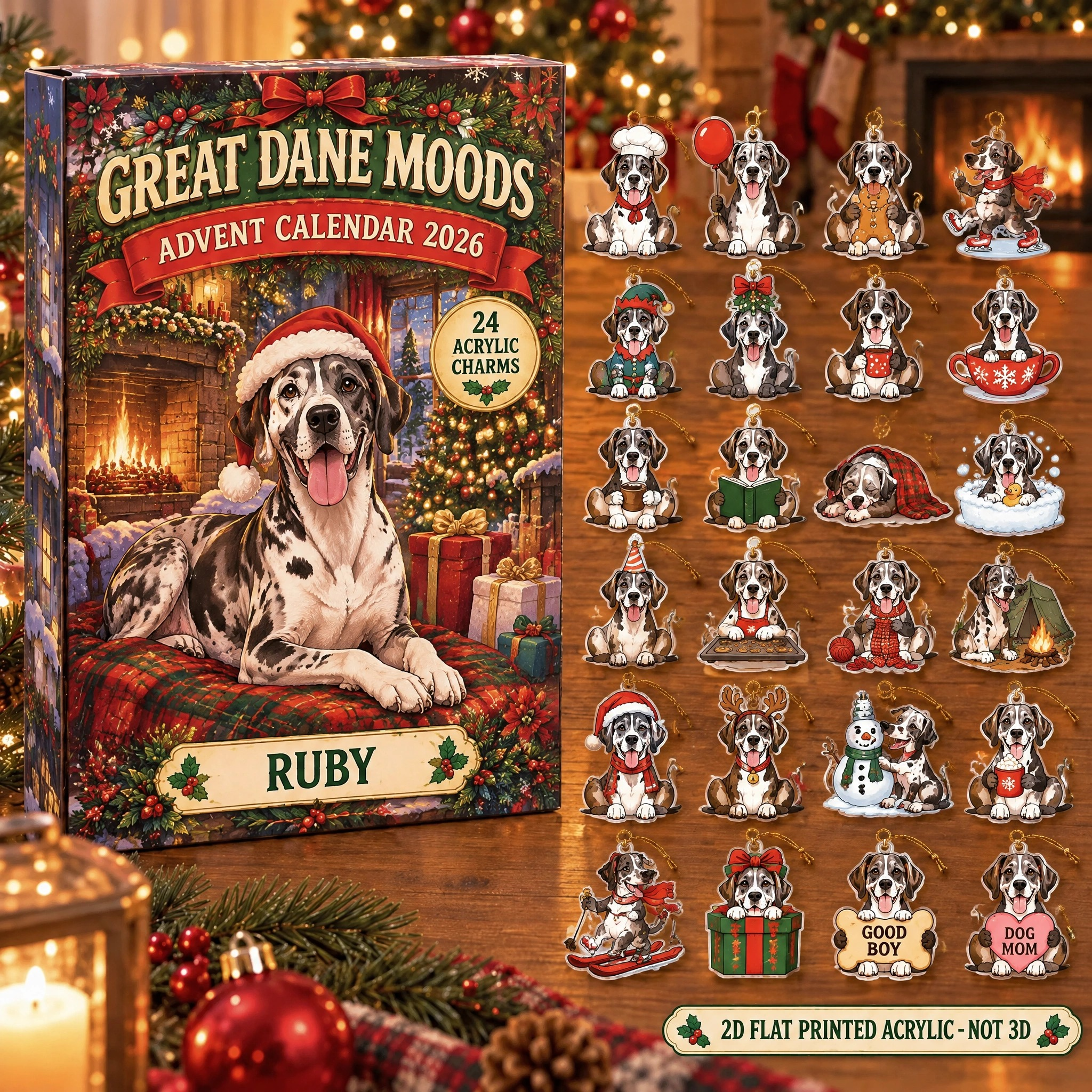 Personalized 24 Moods Great Dane advent calendar box with 24 flat acrylic Christmas charms