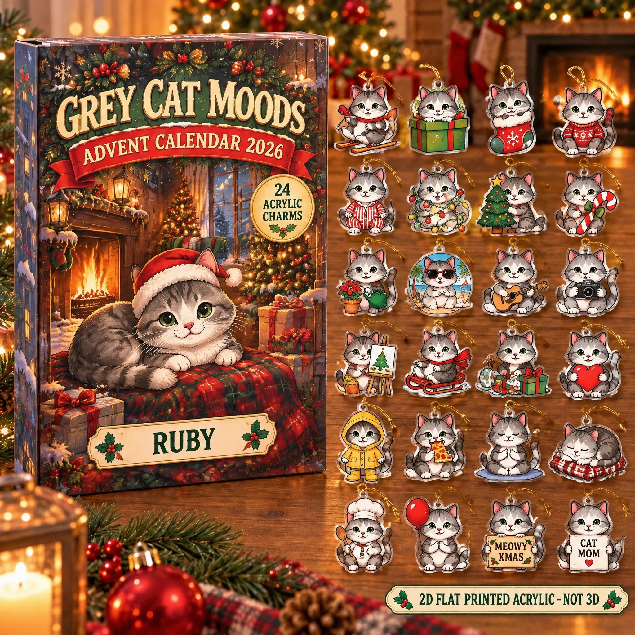Personalized 24 Moods Grey advent calendar box with 24 flat acrylic Christmas charms