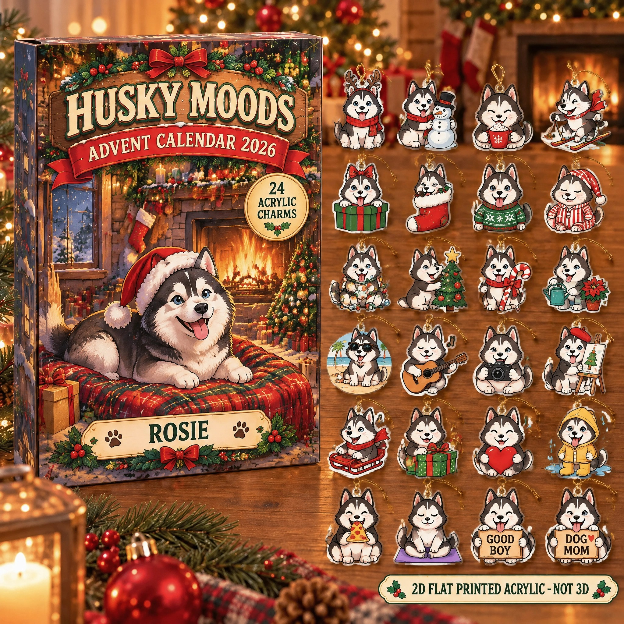 Personalized 24 Moods Husky advent calendar box with 24 flat acrylic Christmas charms