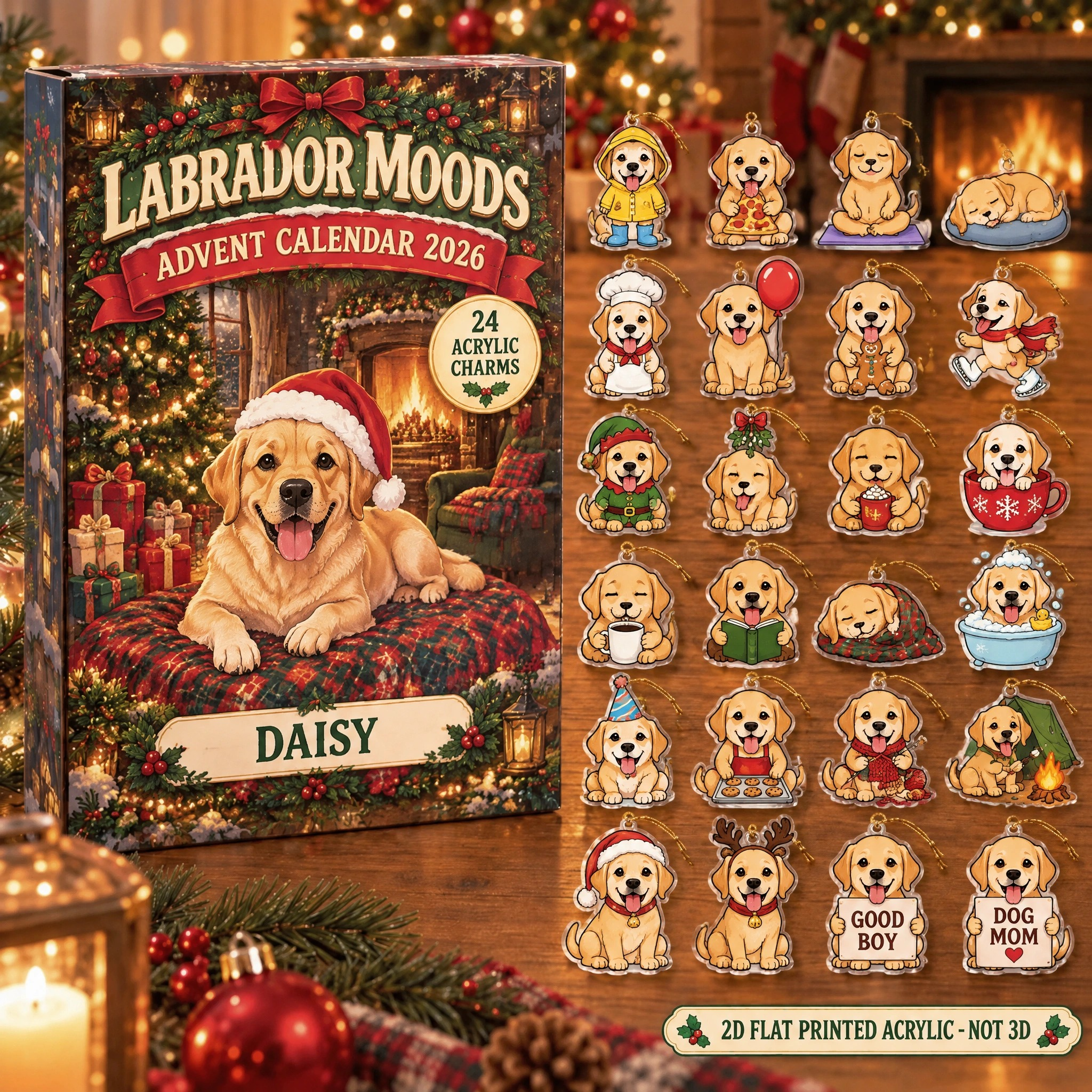 Personalized 24 Moods Labrador advent calendar box with 24 flat acrylic Christmas charms