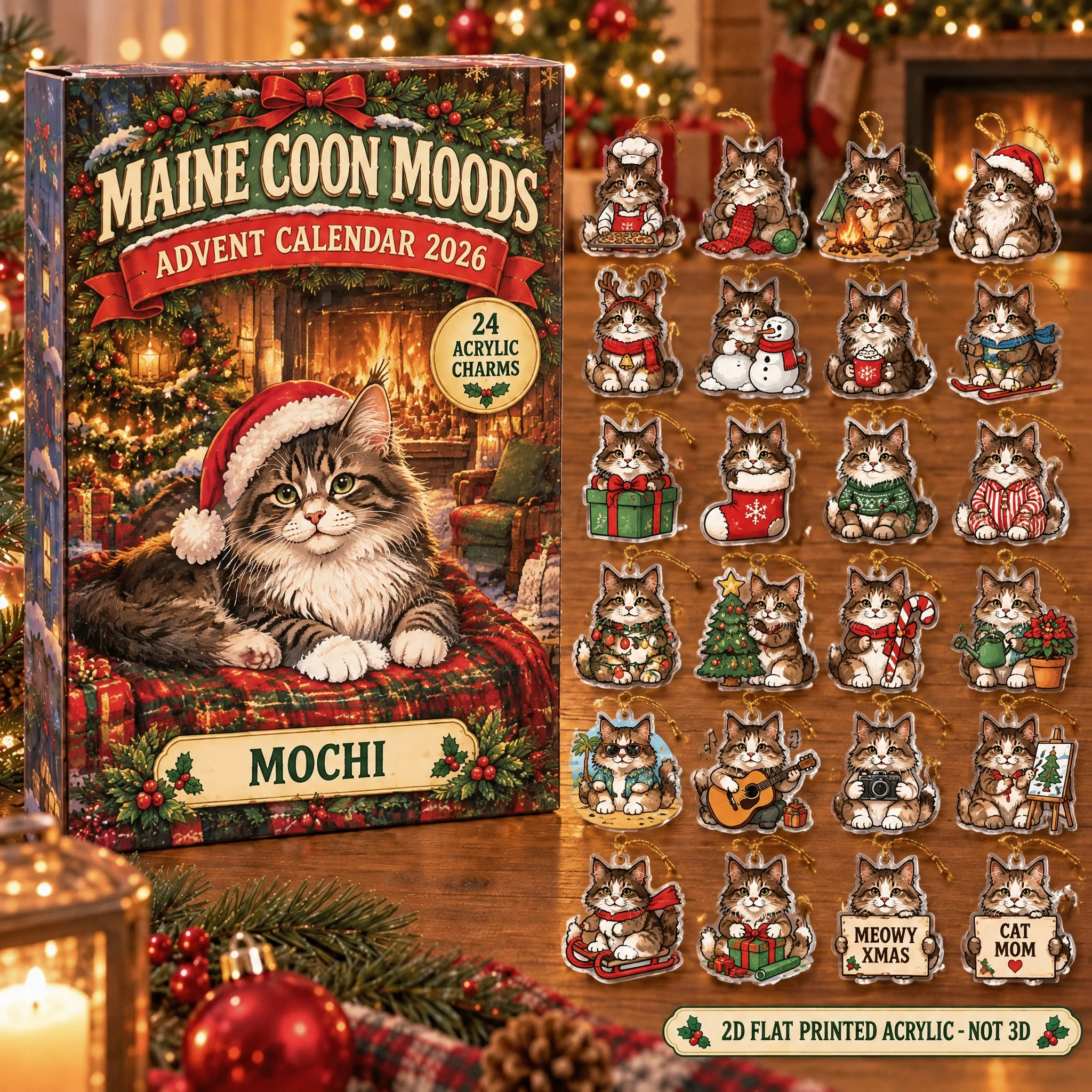 Personalized 24 Moods Maine Coon advent calendar box with 24 flat acrylic Christmas charms