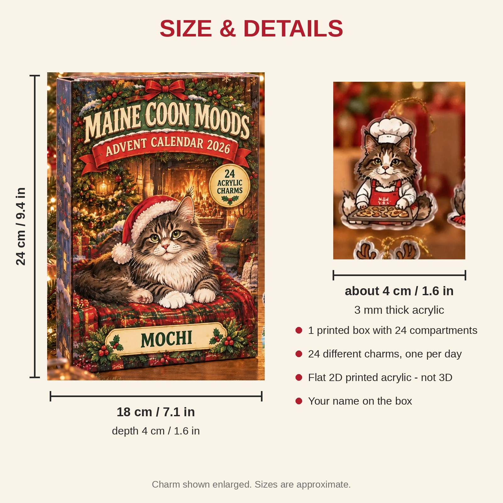 Personalized 24 Moods Maine Coon advent calendar box with 24 flat acrylic Christmas charms: box and charm sizes