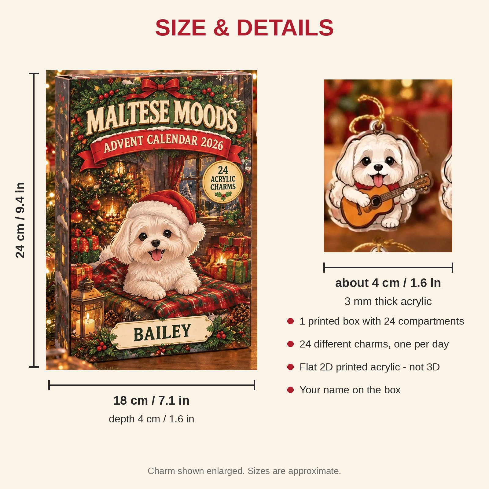 Personalized 24 Moods Maltese advent calendar box with 24 flat acrylic Christmas charms: box and charm sizes