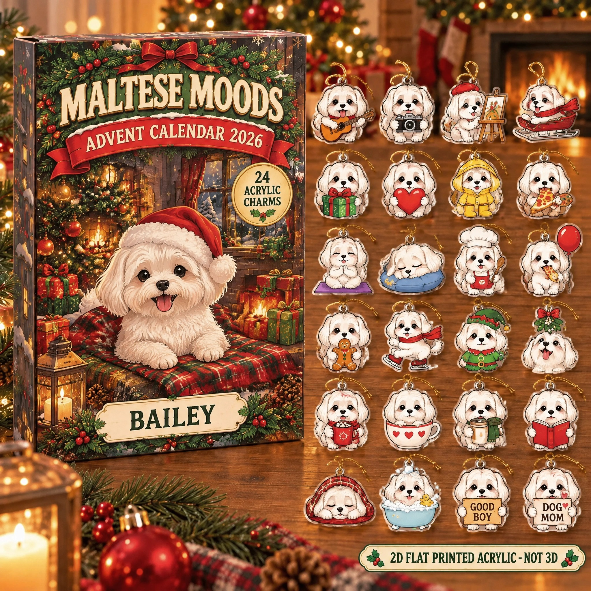 Personalized 24 Moods Maltese advent calendar box with 24 flat acrylic Christmas charms